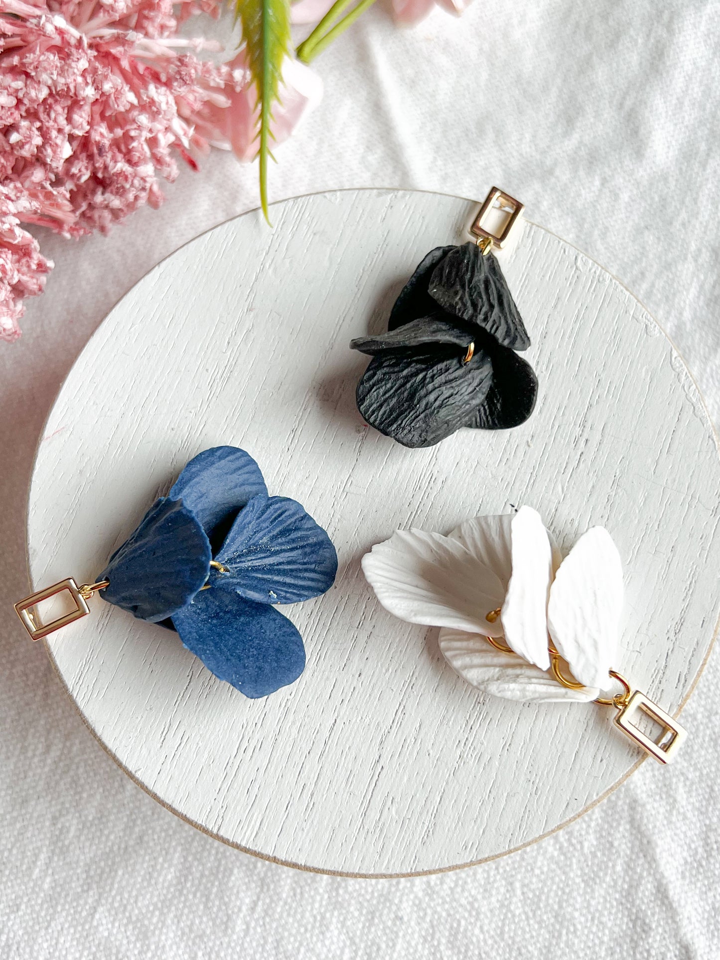 Navy, Cream, or Black Petal Drop Polymer Clay Earrings