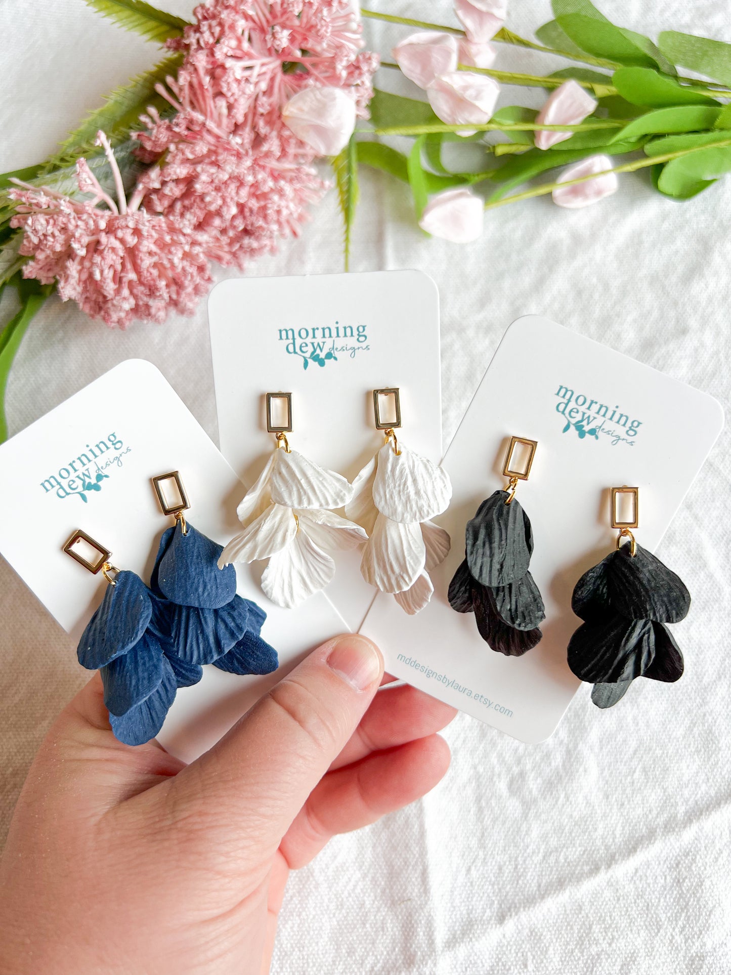 Navy, Cream, or Black Petal Drop Polymer Clay Earrings
