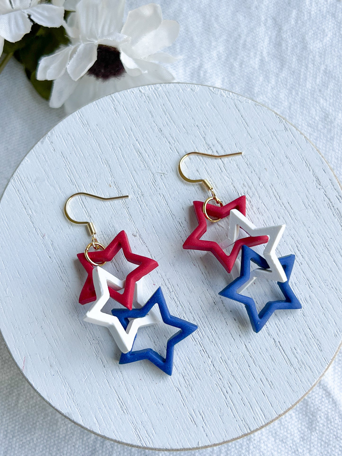 Red, White, and Blue Star Chain Link Polymer Clay Earrings