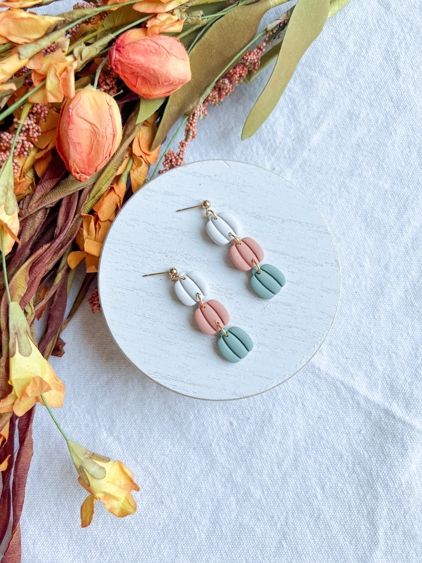 3 Tiered Colorful Pumpkin Polymer Clay Dangles | Fall Pumpkin Earrings