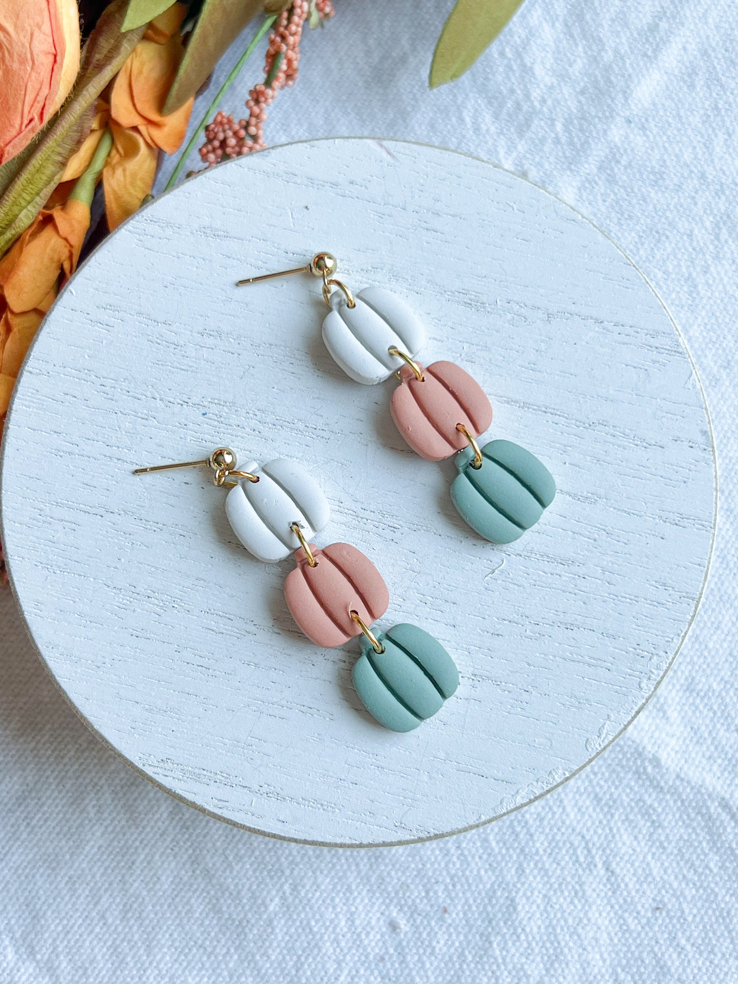 3 Tiered Colorful Pumpkin Polymer Clay Dangles | Fall Pumpkin Earrings