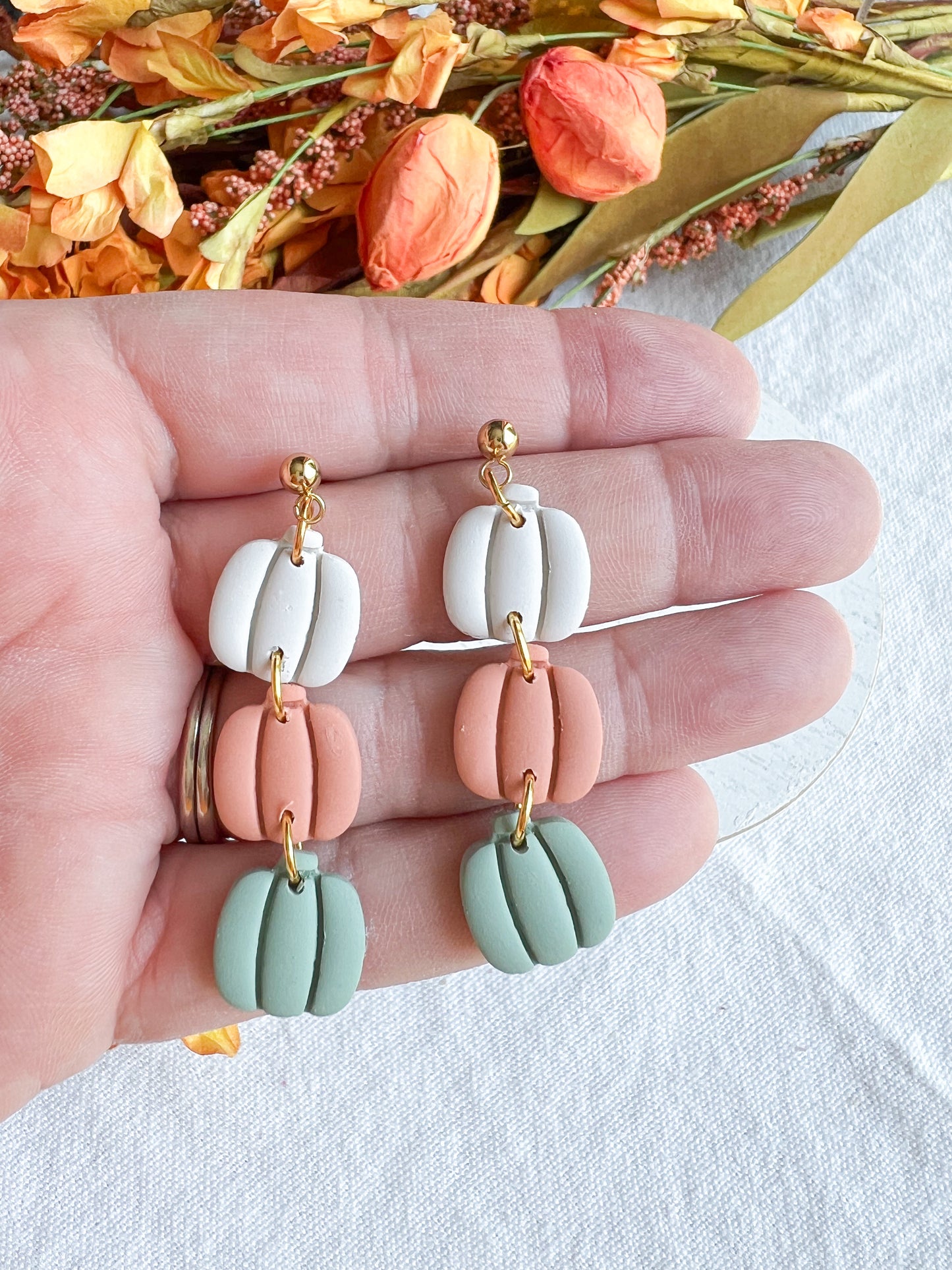 3 Tiered Colorful Pumpkin Polymer Clay Dangles | Fall Pumpkin Earrings