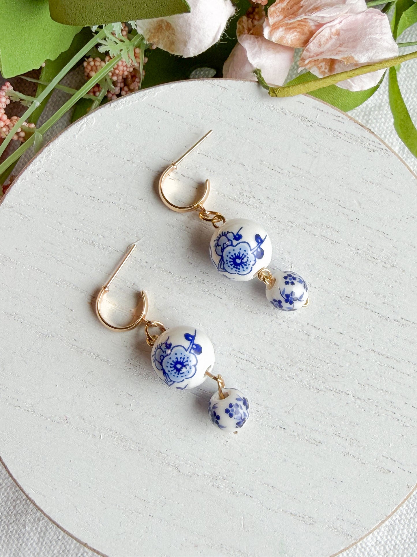 Dutch Delft Blue Floral Bead Drop Polymer Clay Earrings