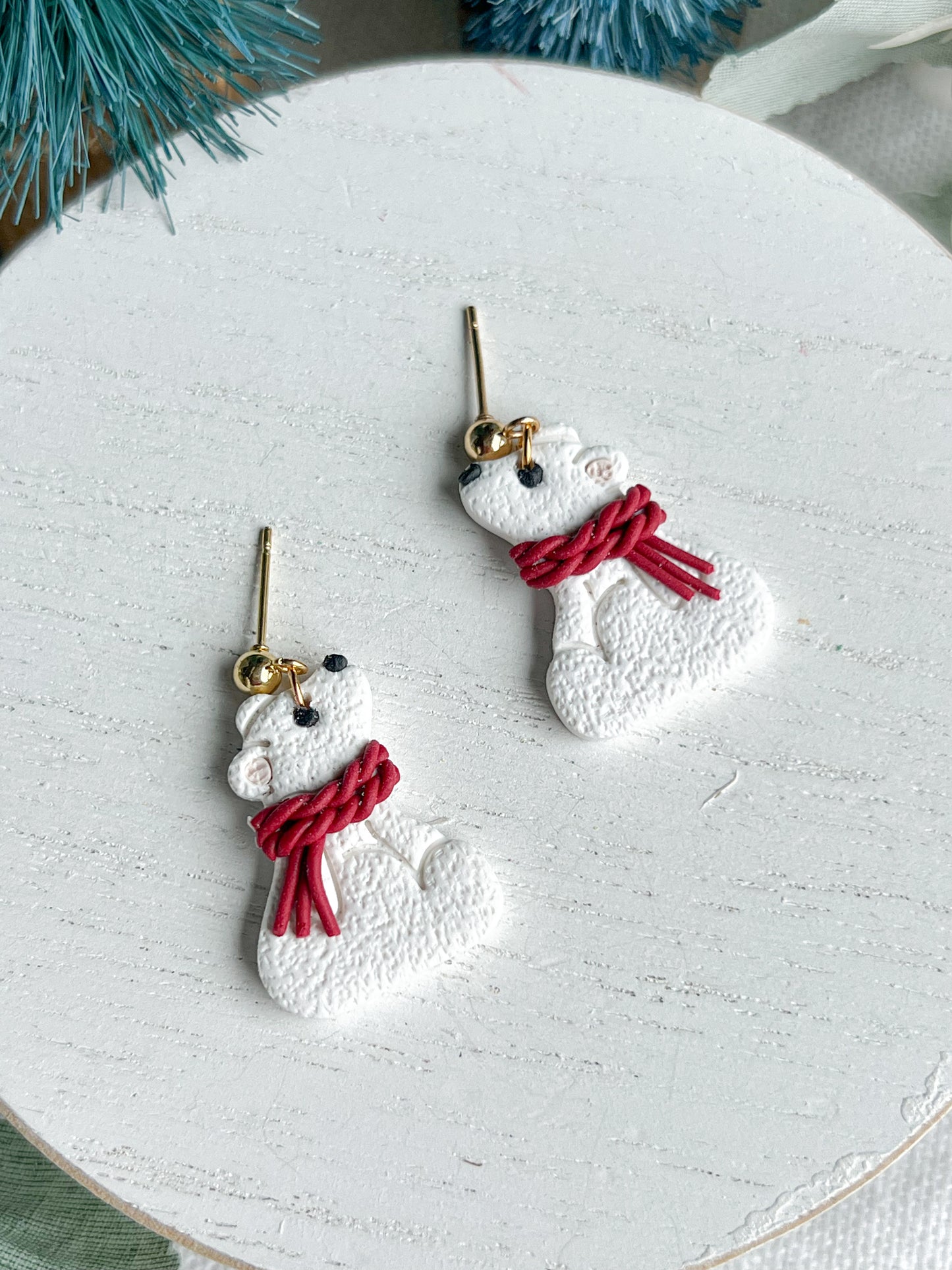 Fuzzy Red Scarf Polar Bear Polymer Clay Earrings