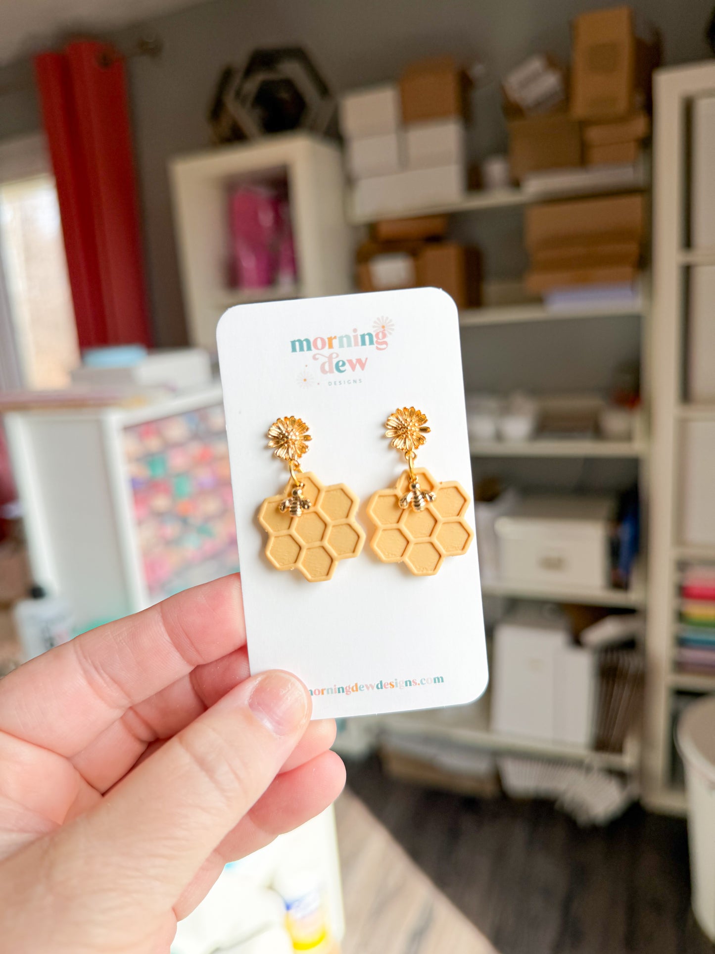 Honeycomb Bee with Gold Flower Stud Polymer Clay Earrings