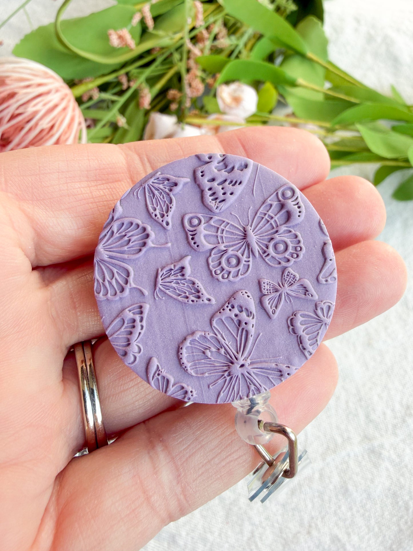 Floral Polymer Clay ID Badge: Textured Bright Pastel Retractable Badge