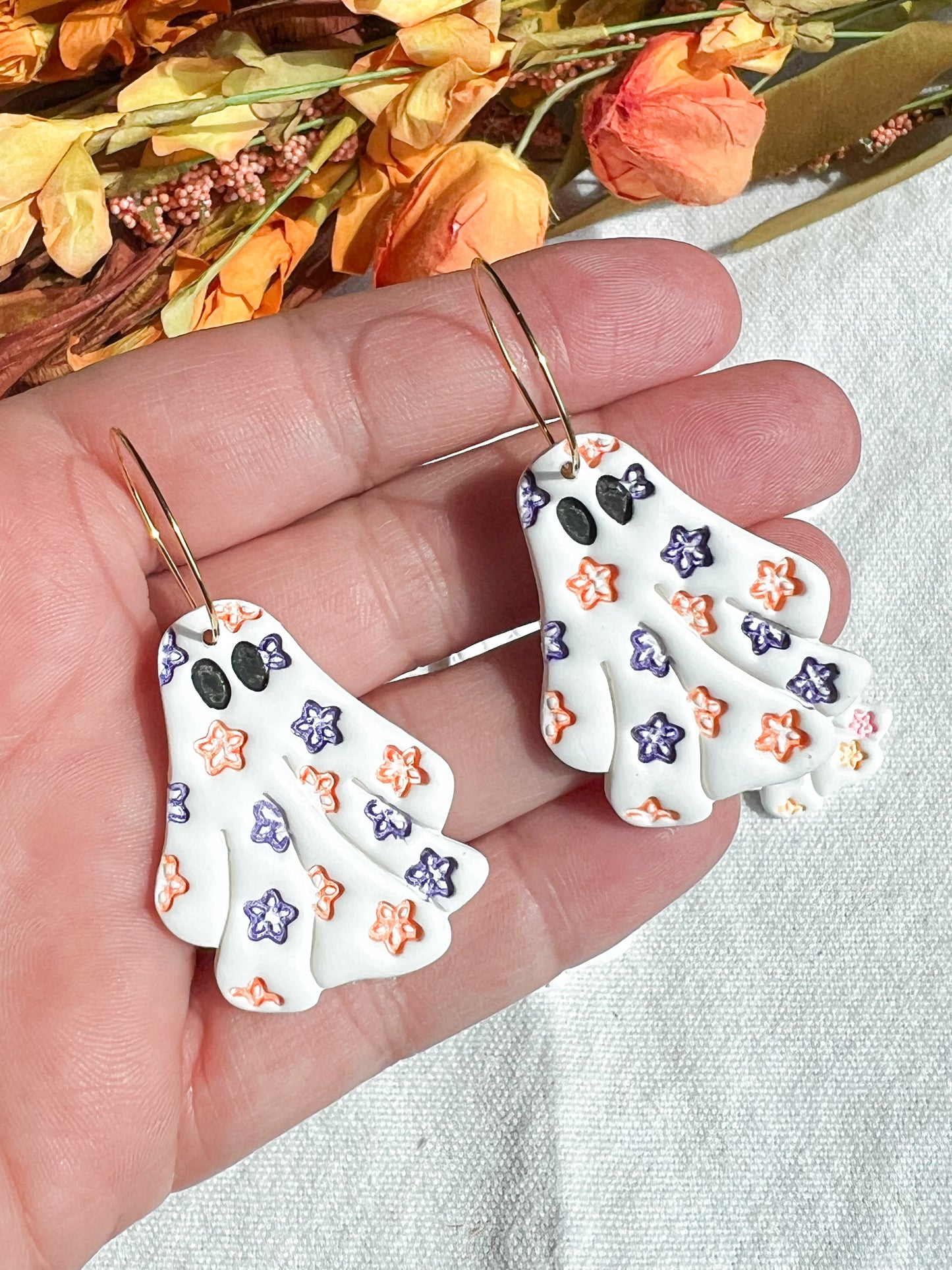 Boho Floral Embossed Ghost Polymer Clay Earrings