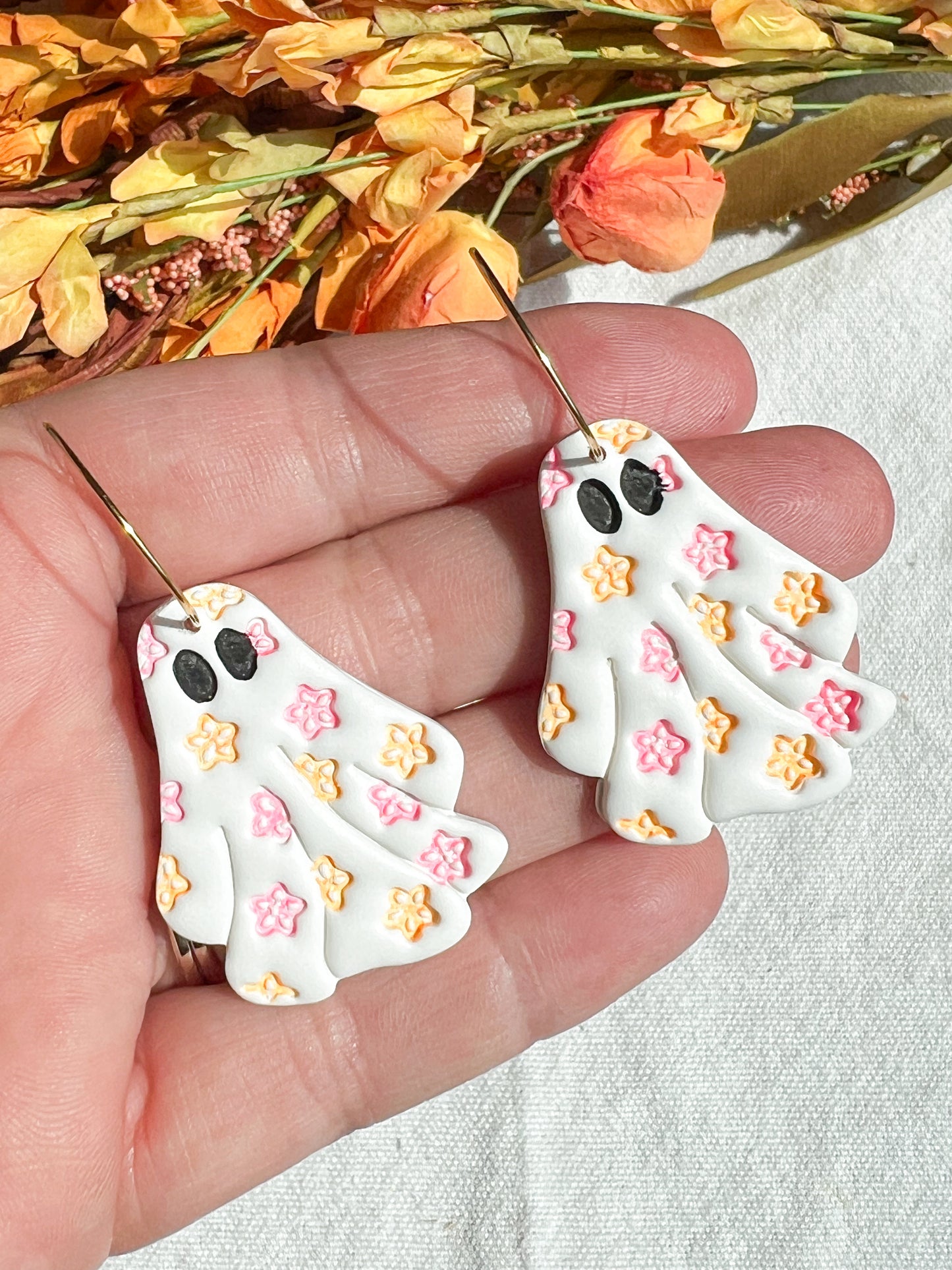 Boho Floral Embossed Ghost Polymer Clay Earrings