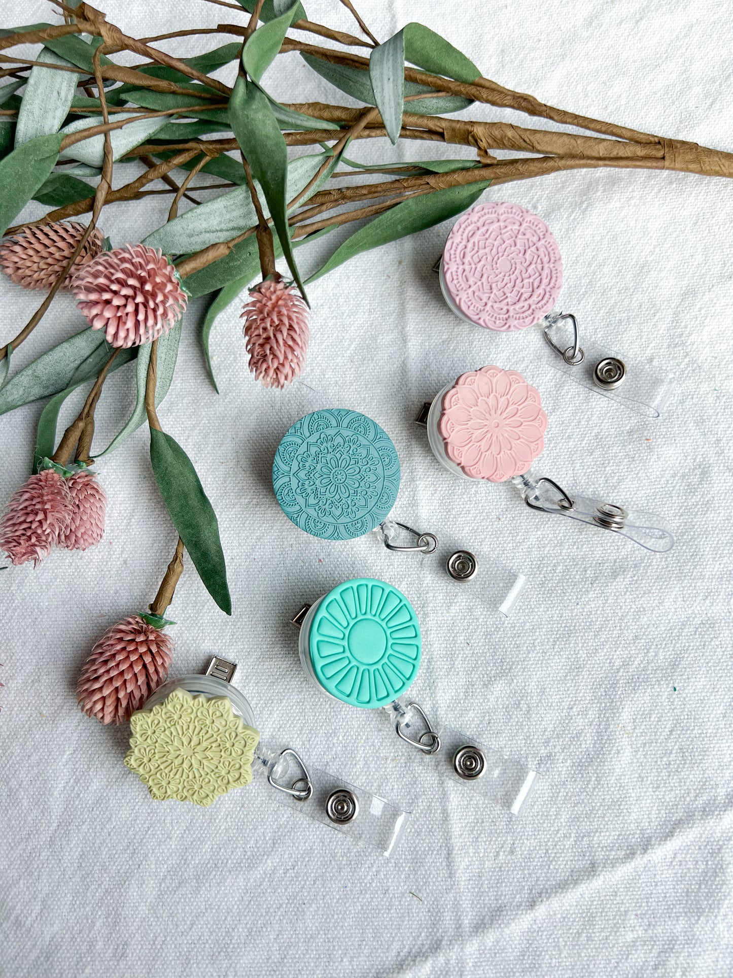 Boho Flower and Mandala Polymer Clay Badges | Nurse and Teacher Retractable Badges