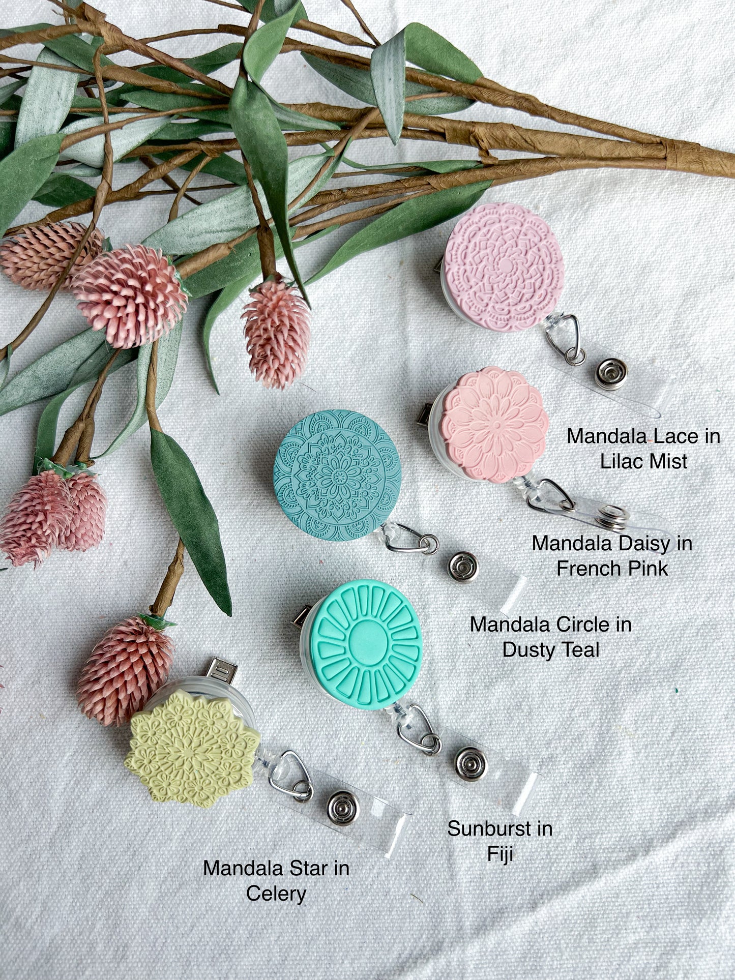 Boho Flower and Mandala Polymer Clay Badges | Nurse and Teacher Retractable Badges