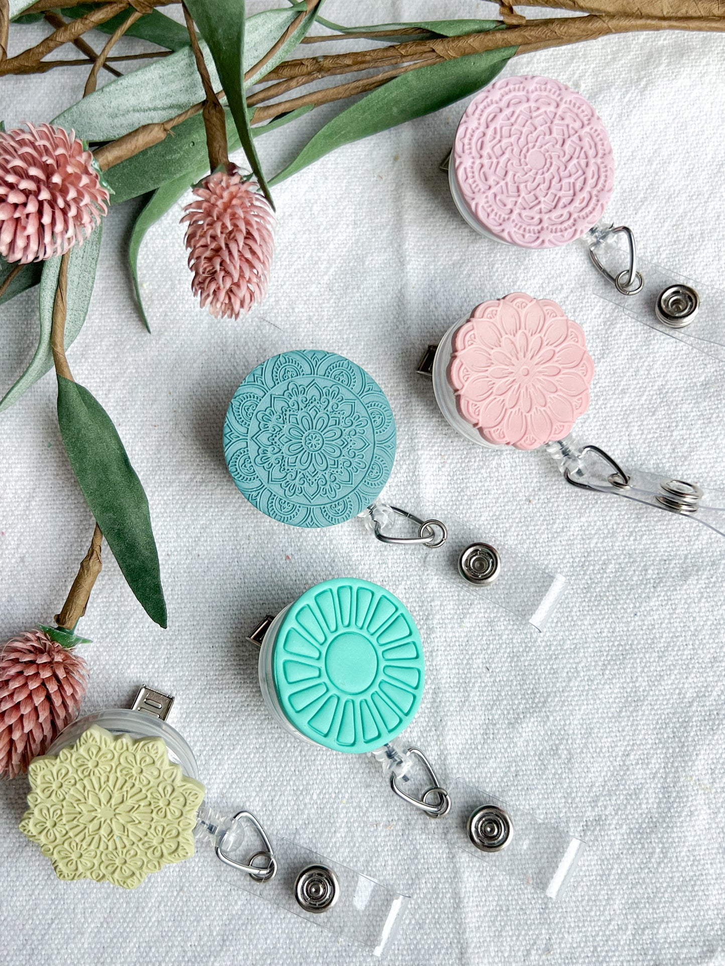Boho Flower and Mandala Polymer Clay Badges | Nurse and Teacher Retractable Badges