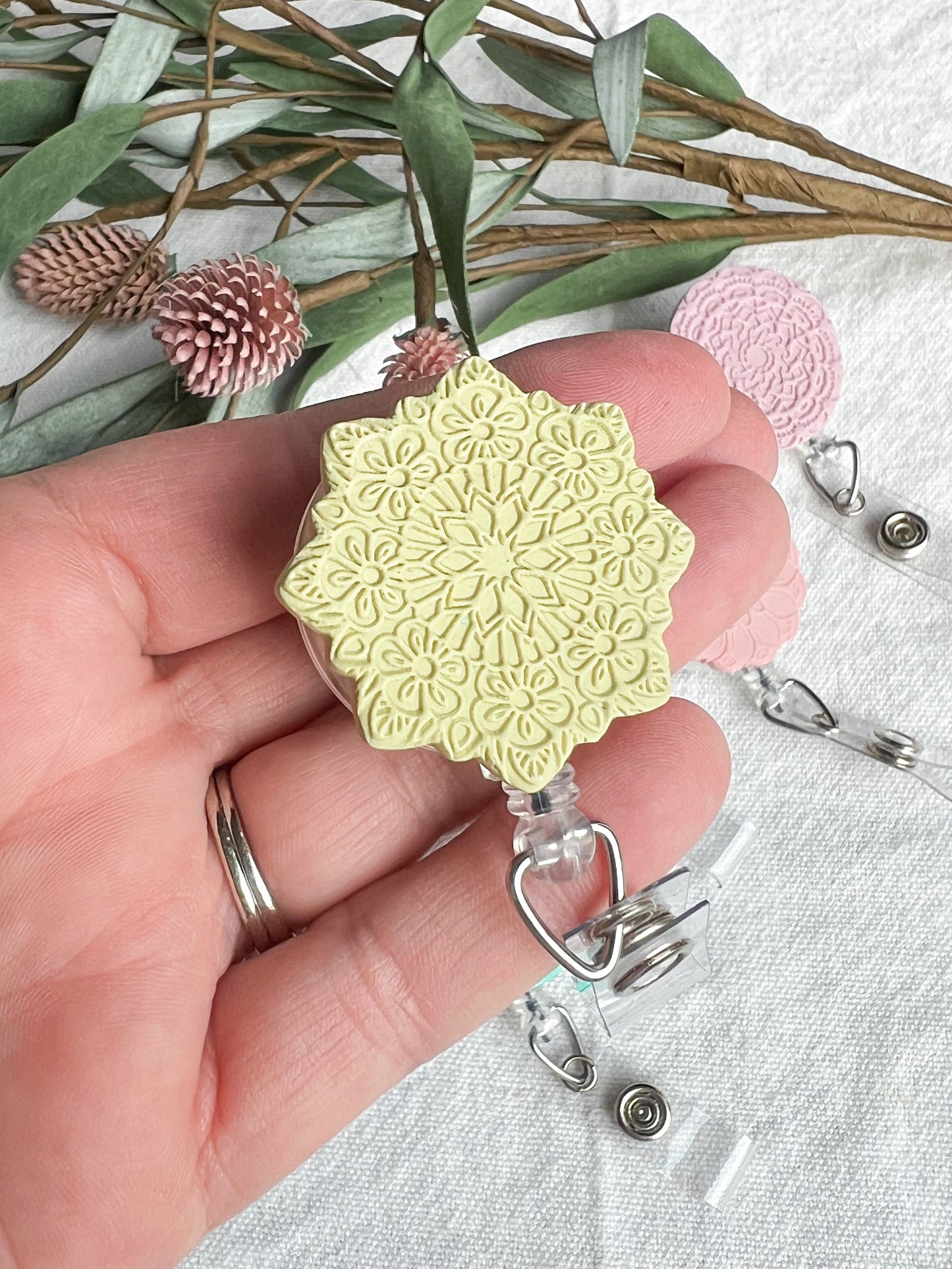 Boho Flower and Mandala Polymer Clay Badges | Nurse and Teacher Retractable Badges