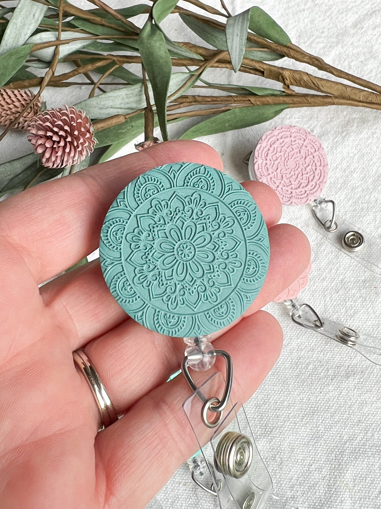 Boho Flower and Mandala Polymer Clay Badges | Nurse and Teacher Retractable Badges