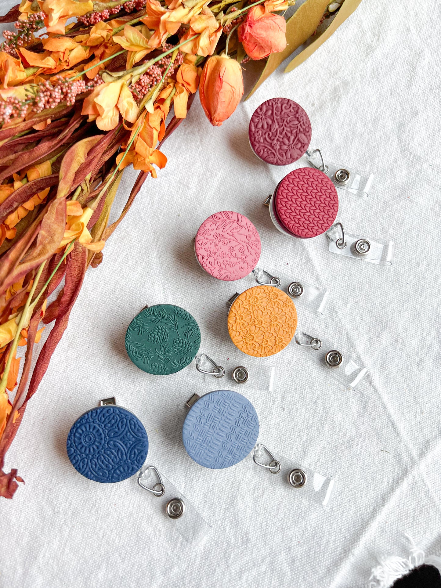 Colorful Textured Polymer Clay Badges | Nurse and Teacher Retractable Badges