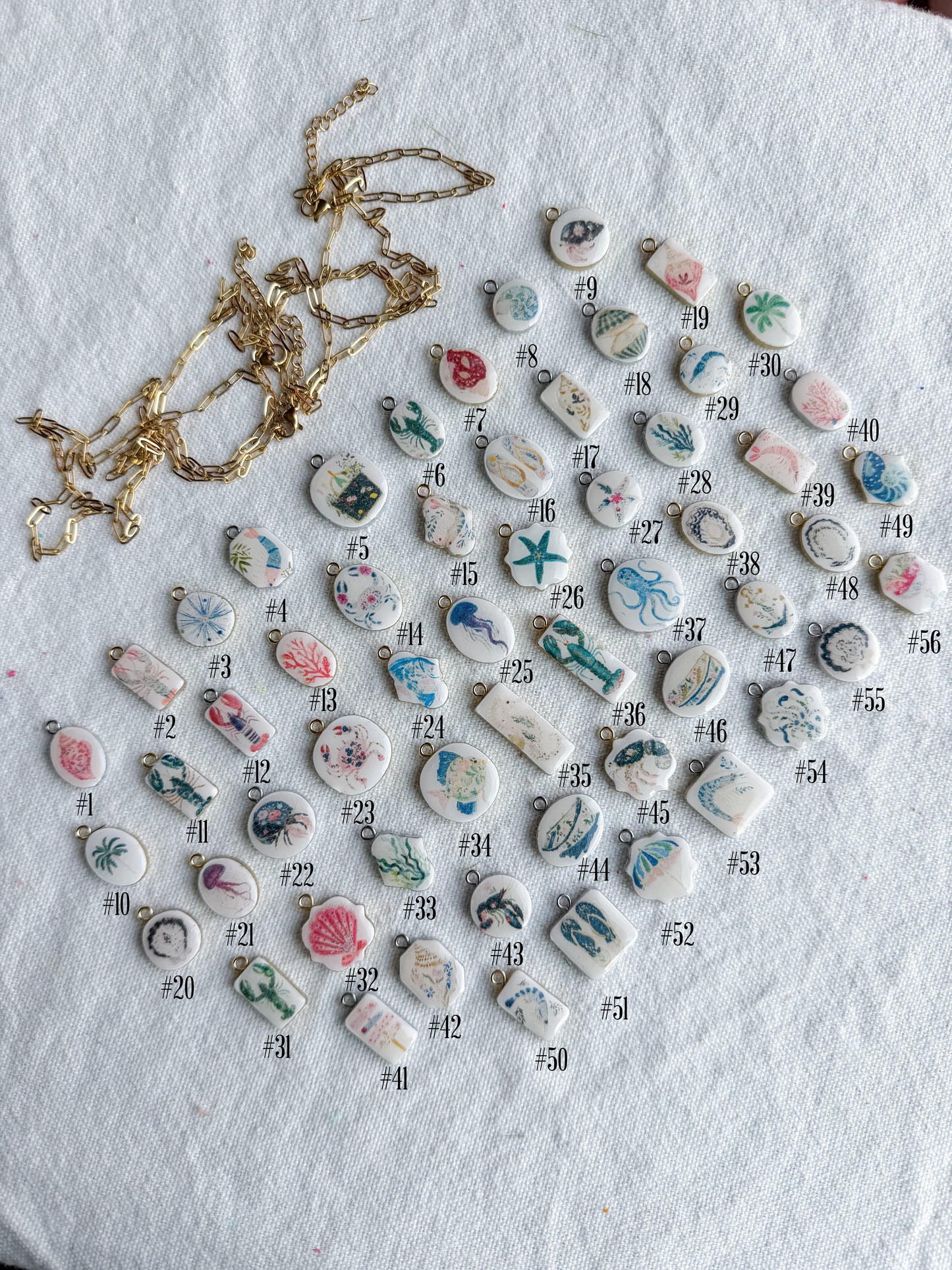 Whimsical Coastal Themed Transfer Paper Designed Polymer Clay Charms