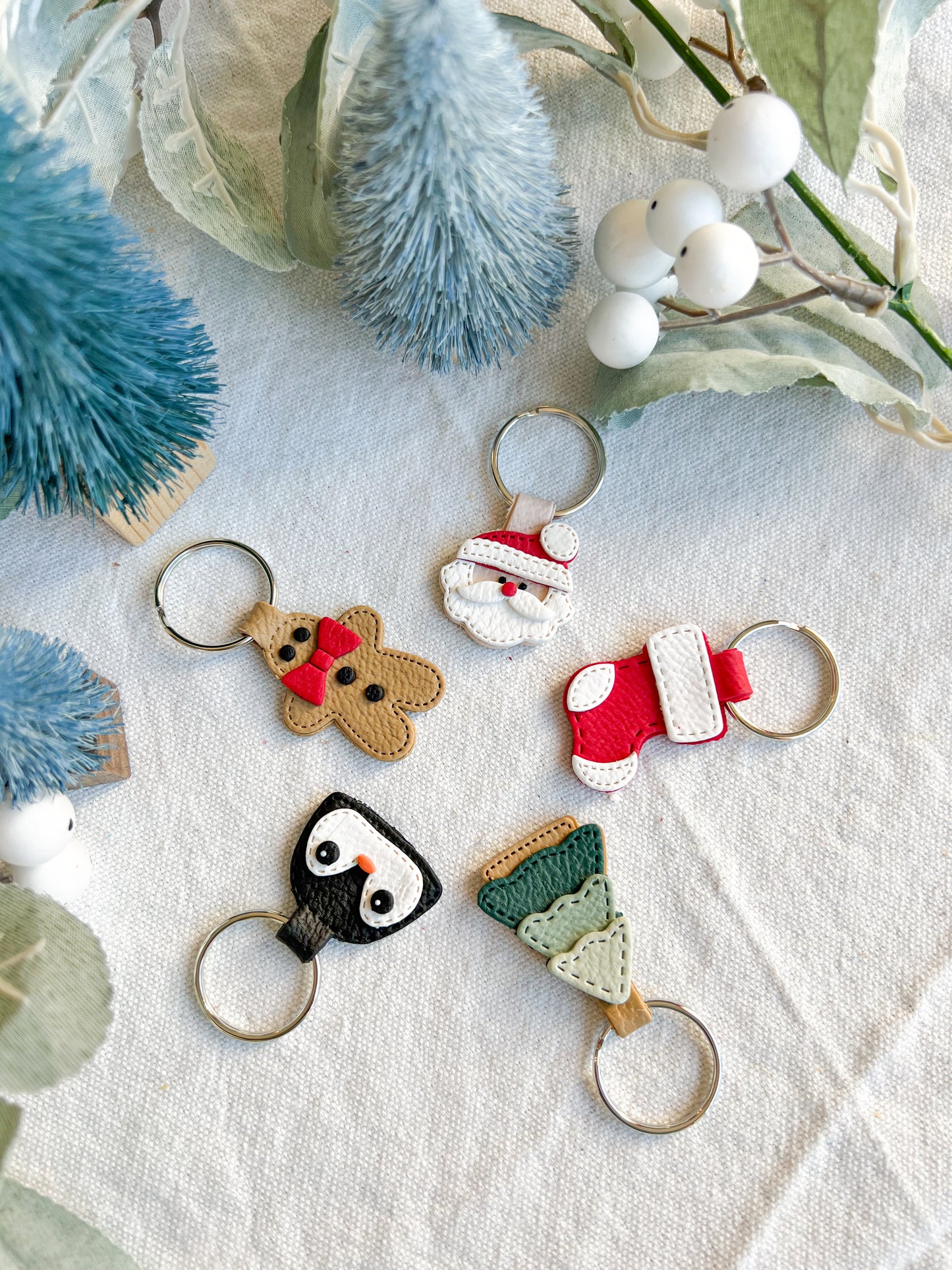 Christmas Character Faux Leather Polymer Clay Keychains | Santa | Gingerbread Man | Christmas Tree | Stocking | Penguin