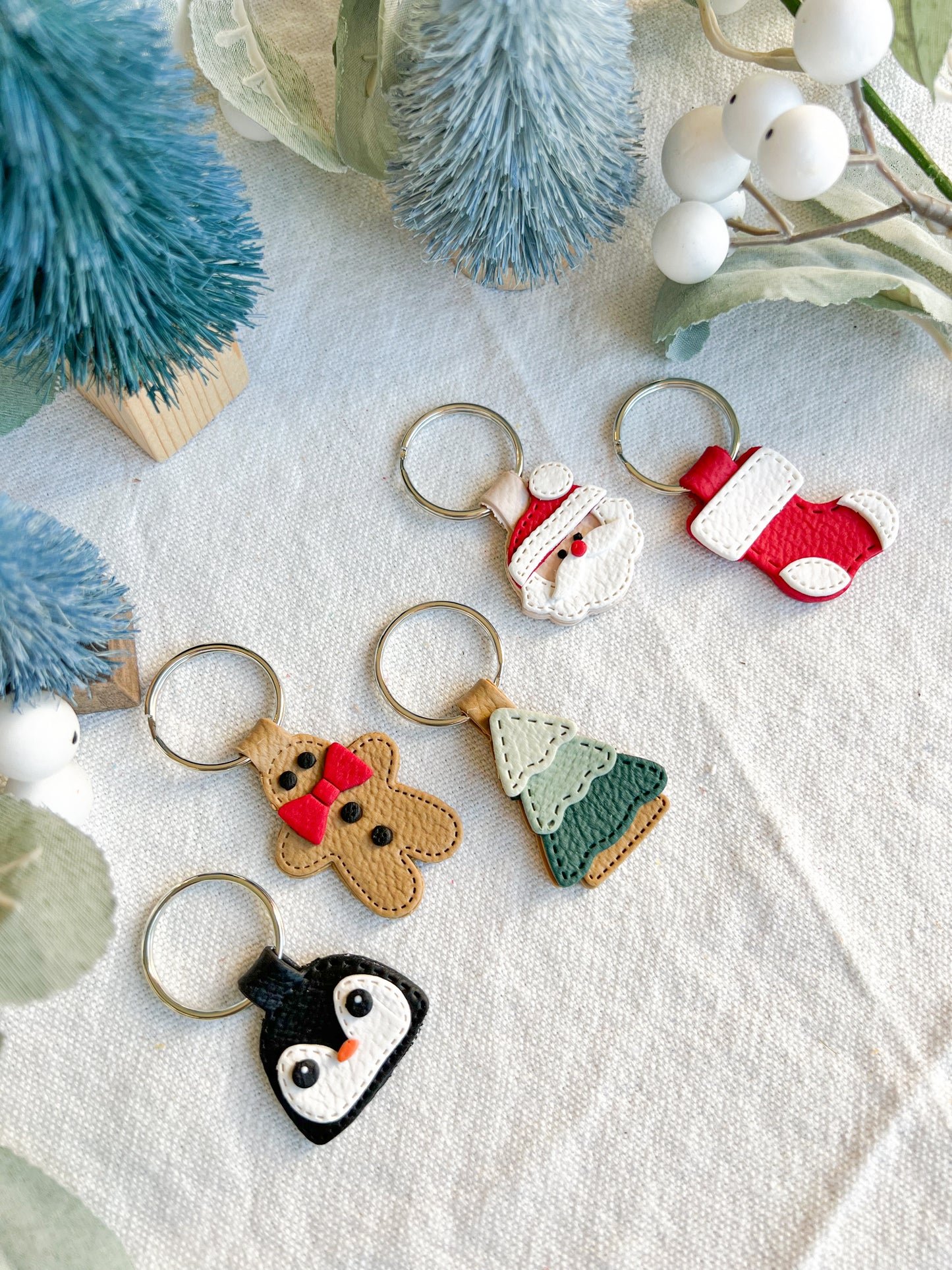 Christmas Character Faux Leather Polymer Clay Keychains | Santa | Gingerbread Man | Christmas Tree | Stocking | Penguin