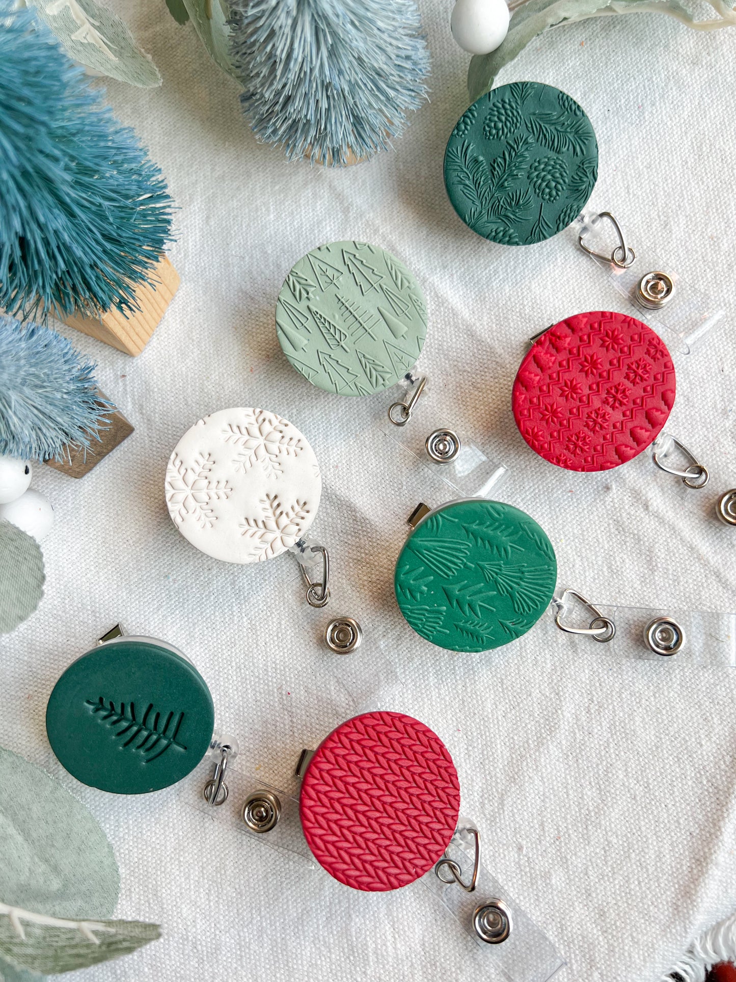 Colorful Textured Christmas and Holiday Polymer Clay Badges | Nurse and Teacher Retractable Badges