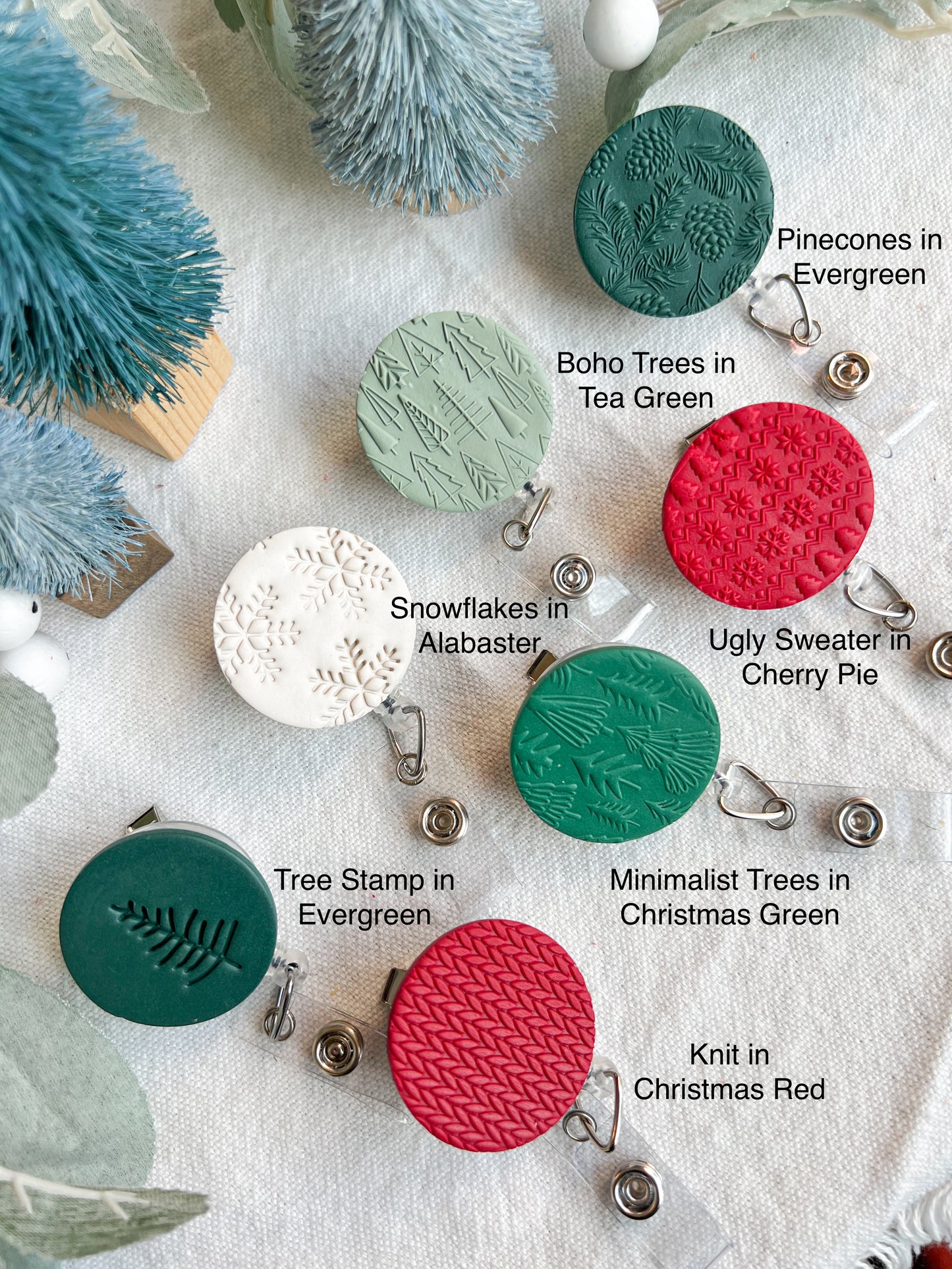 Colorful Textured Christmas and Holiday Polymer Clay Badges | Nurse and Teacher Retractable Badges