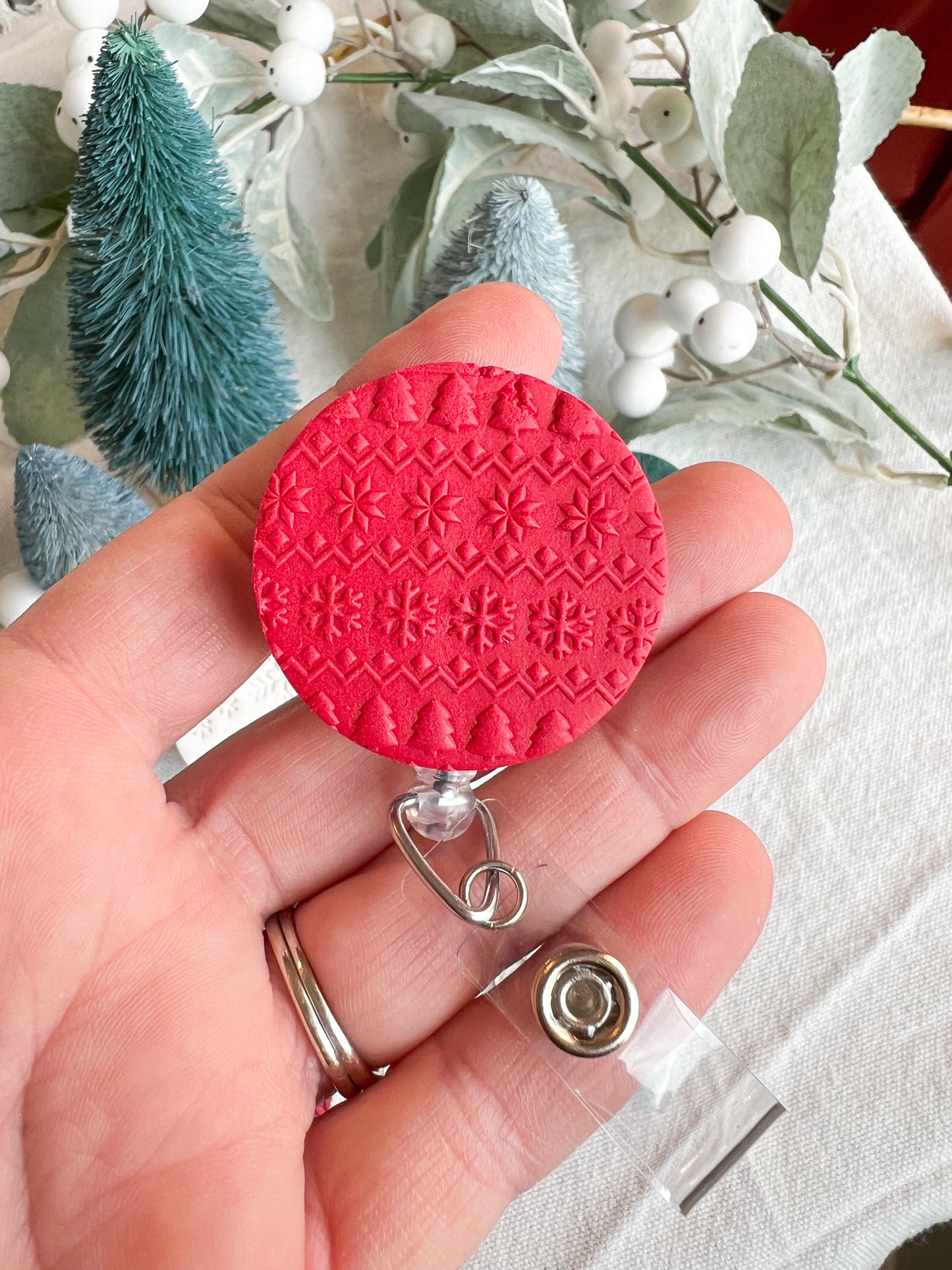 Colorful Textured Christmas and Holiday Polymer Clay Badges | Nurse and Teacher Retractable Badges