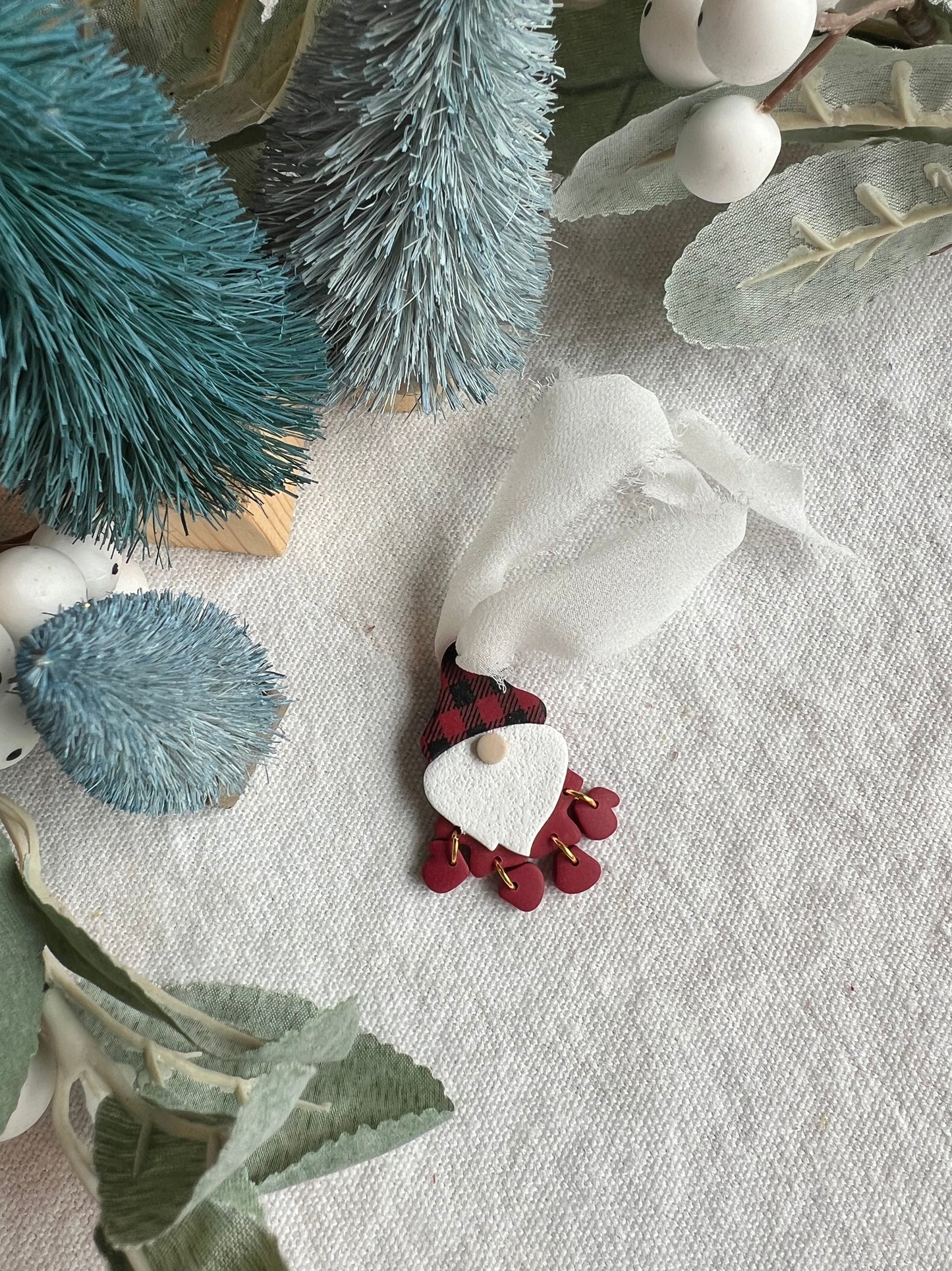 Buffalo Check Santa Gnome Polymer Clay Christmas Ornament