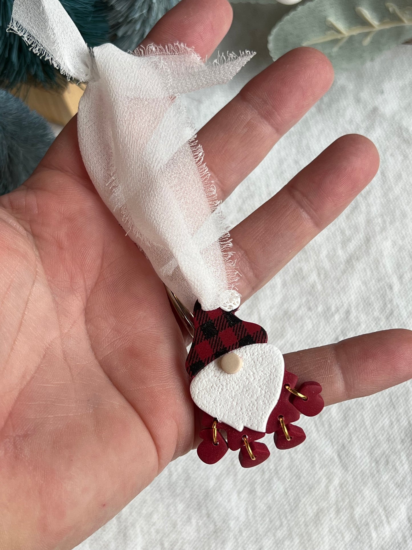 Buffalo Check Santa Gnome Polymer Clay Christmas Ornament