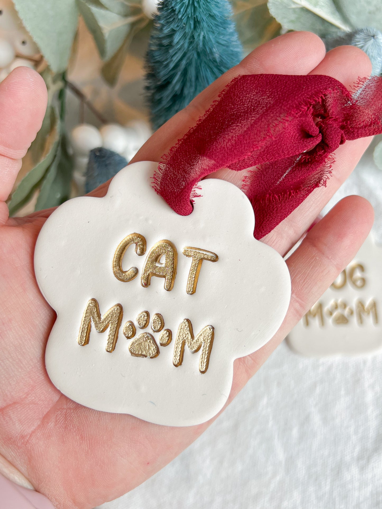 Dog Mom/Cat Mom Paw Print Polymer Clay Christmas Ornament