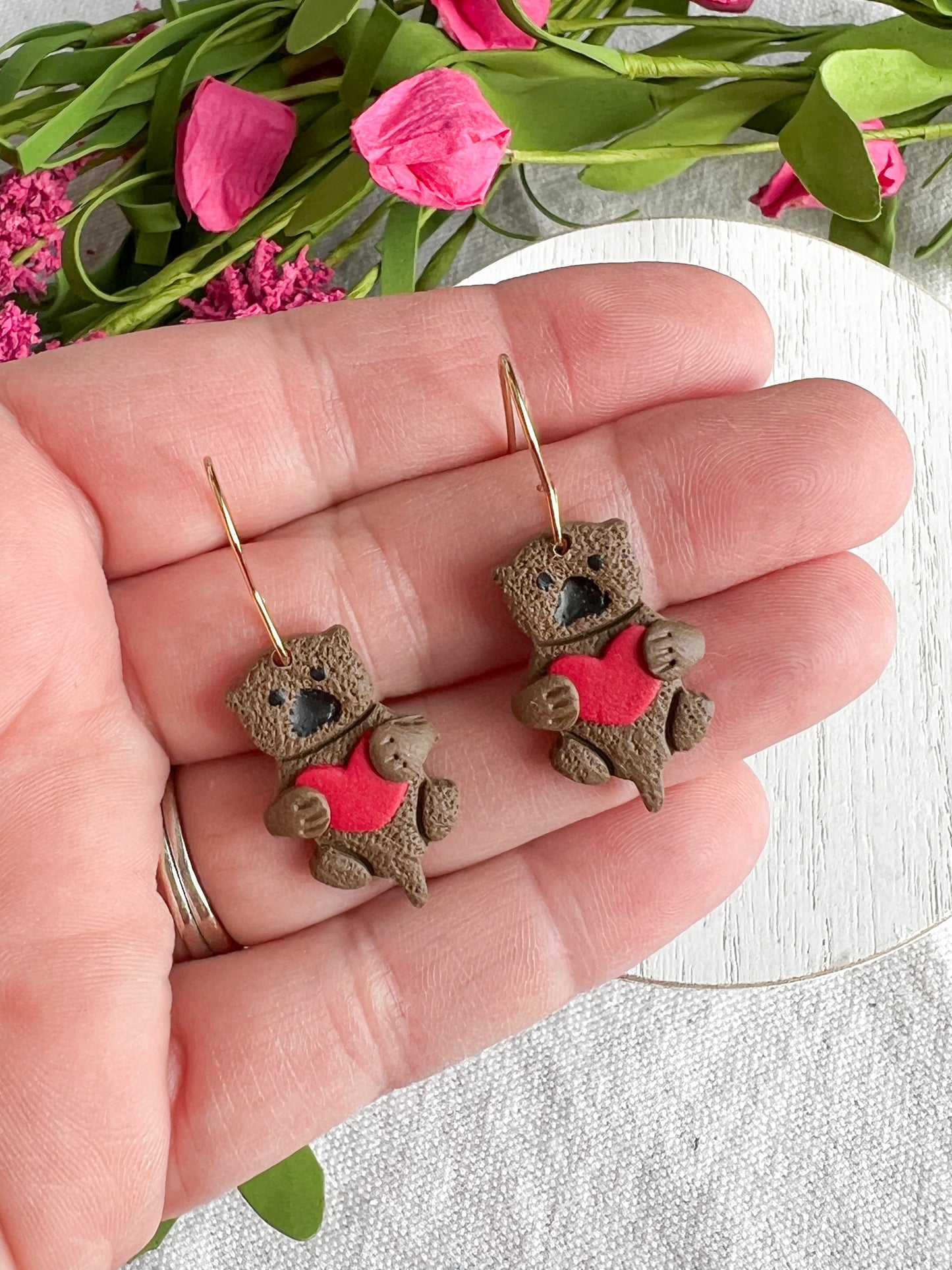 Baby Otter Holding Heart Polymer Clay Dangles