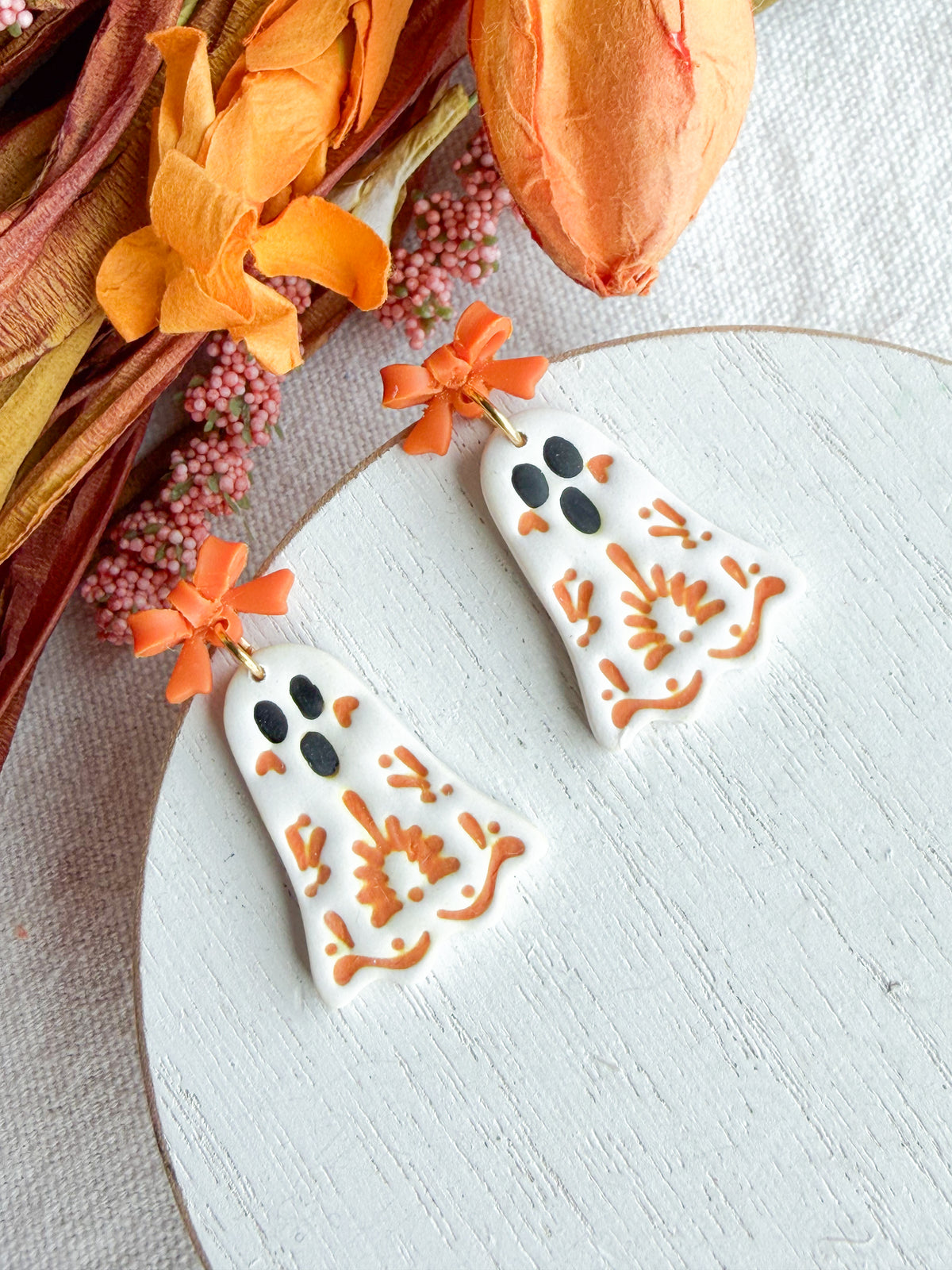 Folk Art Floral Ghost Polymer Clay Dangles | Fall Earrings