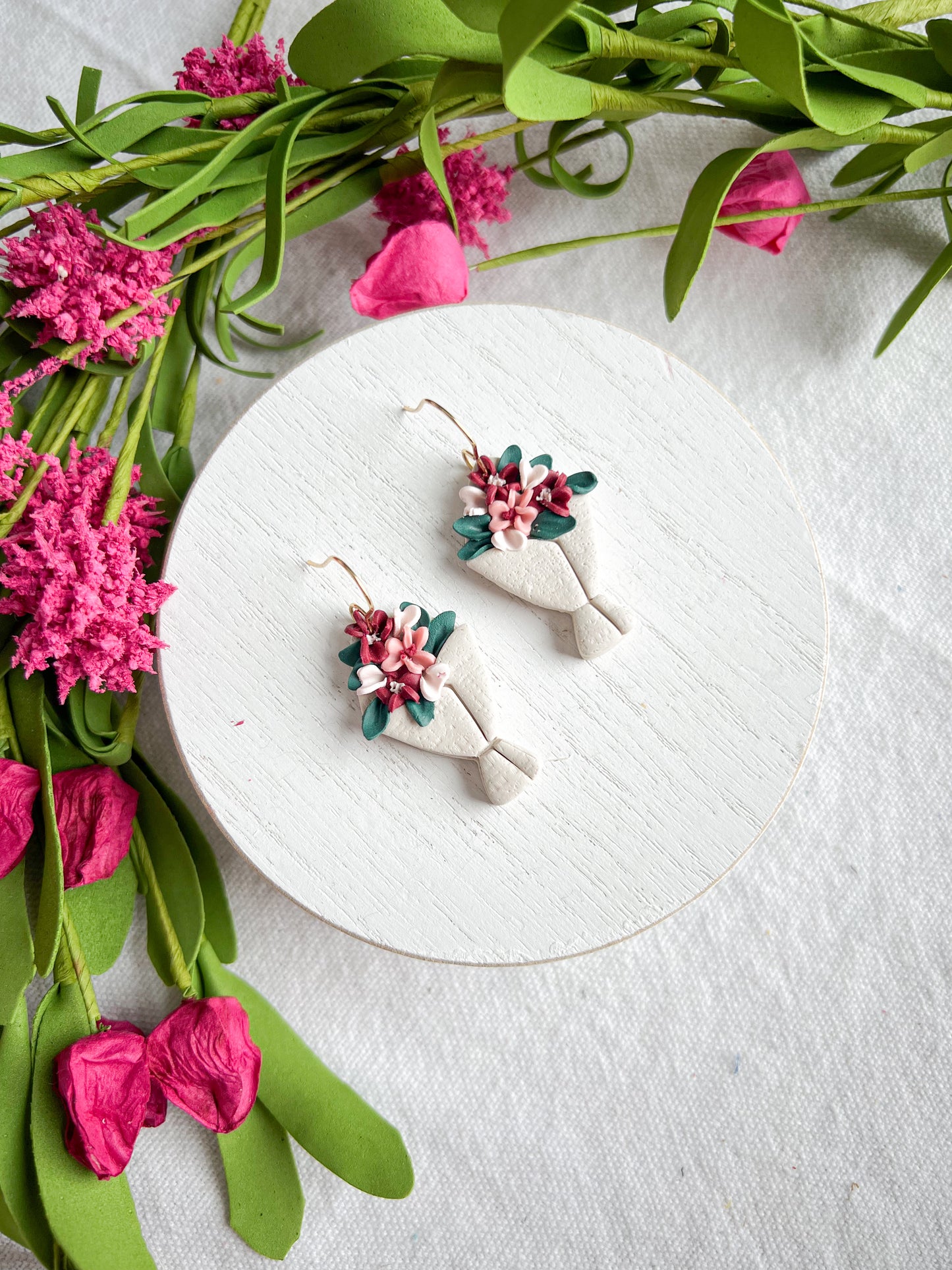 Burgundy, Pink and White Flower Bouquet Polymer Clay Earrings