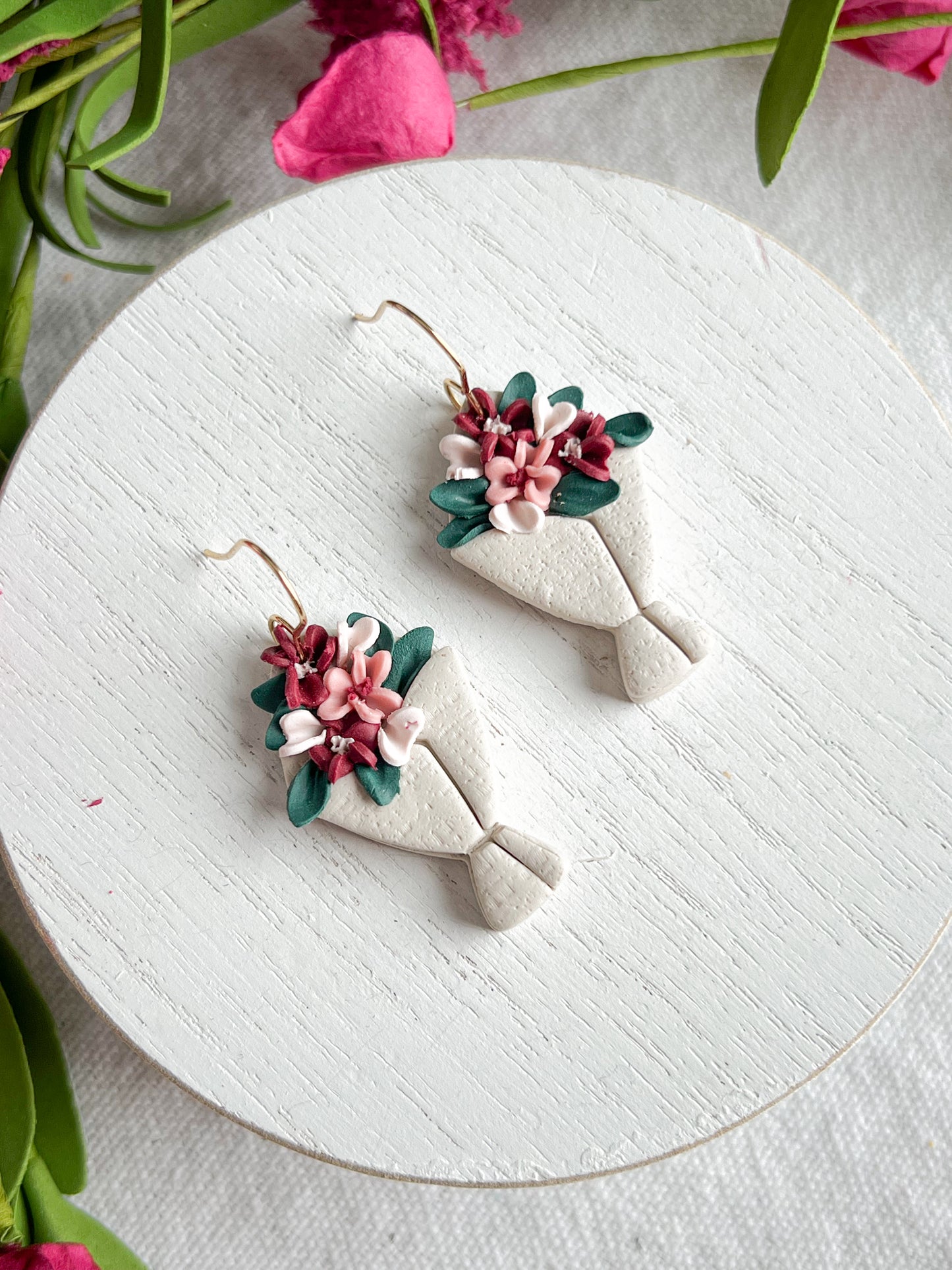 Burgundy, Pink and White Flower Bouquet Polymer Clay Earrings