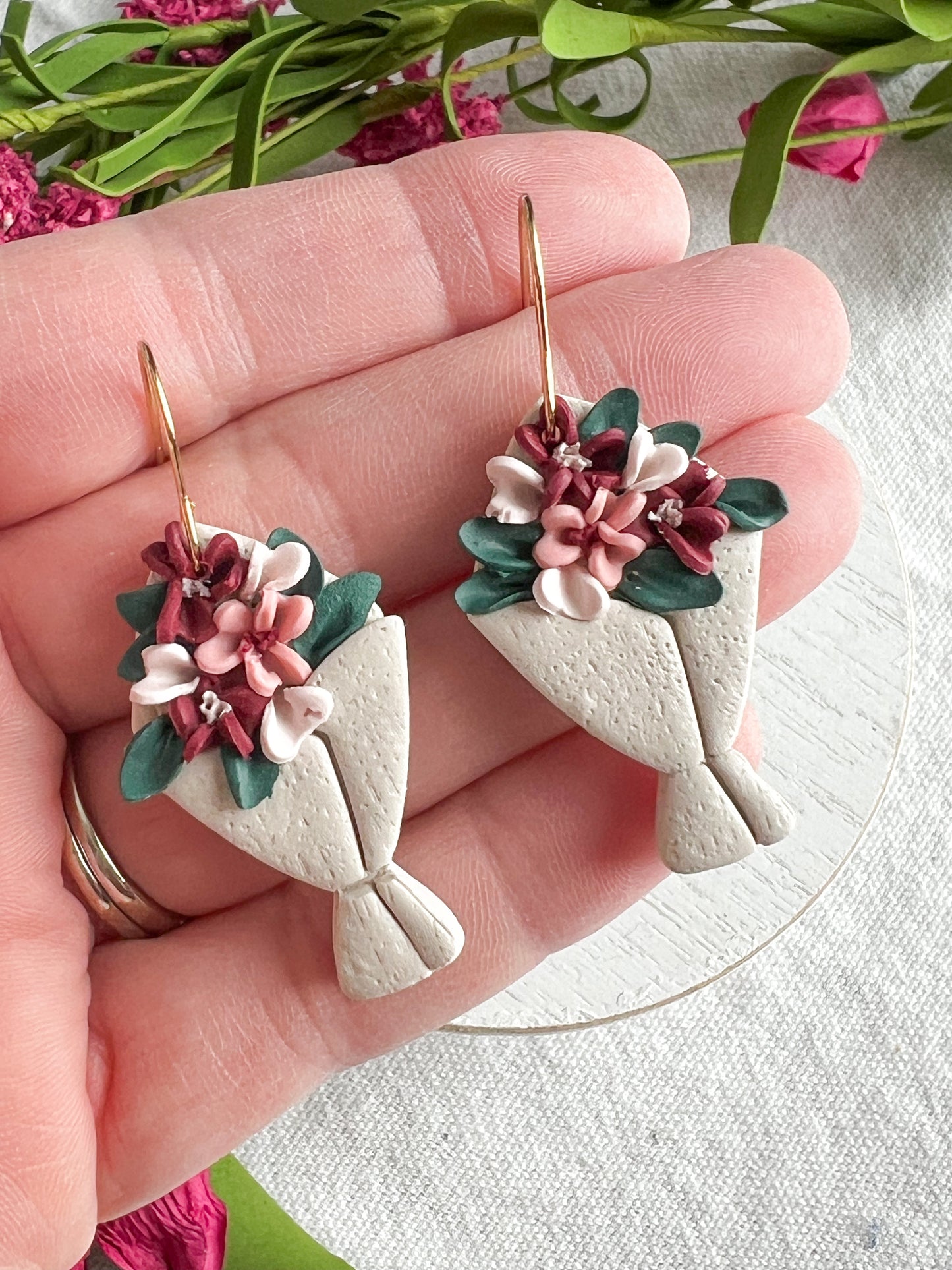 Burgundy, Pink and White Flower Bouquet Polymer Clay Earrings