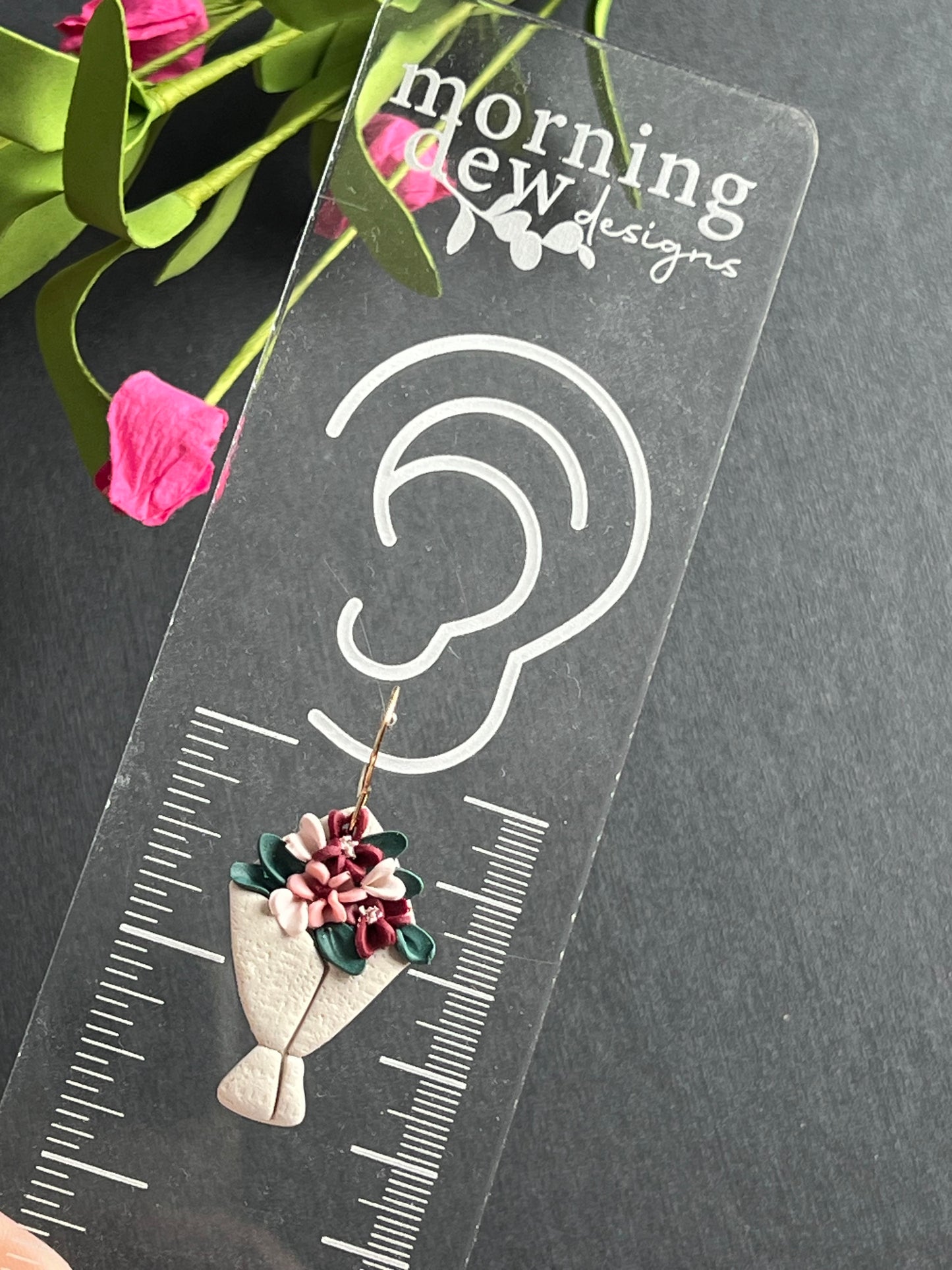 Burgundy, Pink and White Flower Bouquet Polymer Clay Earrings