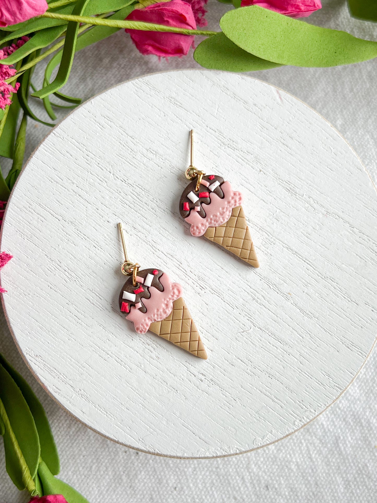 Chocolate Dipped Ice Cream Cone w/ Sprinkles Clay Earrings