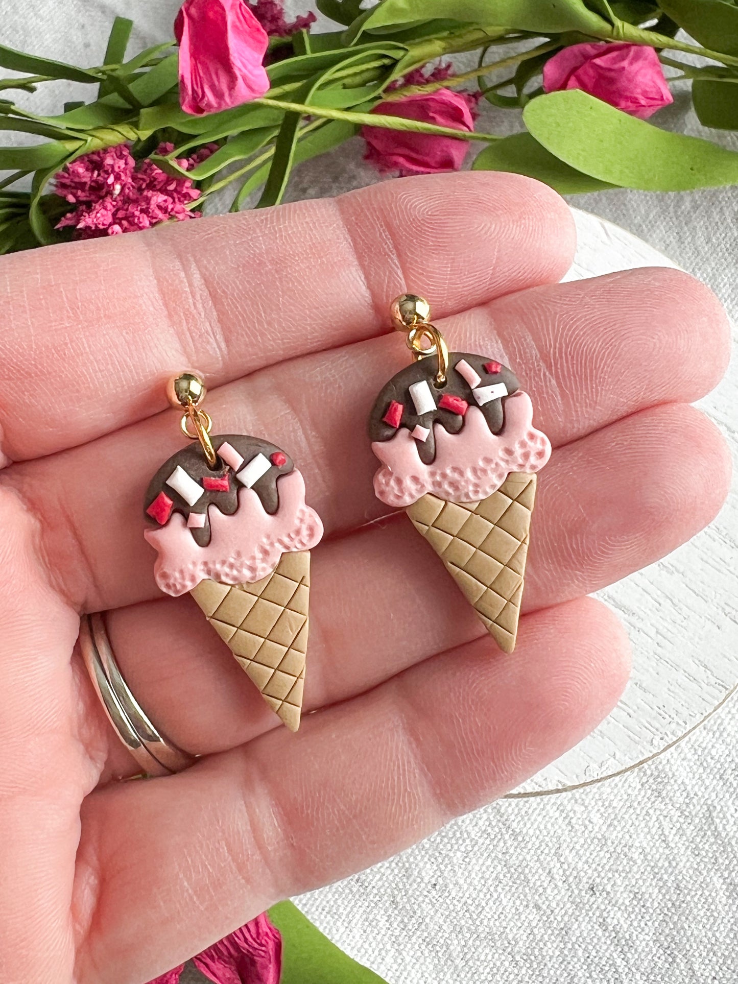 Chocolate Dipped Ice Cream Cone w/ Sprinkles Clay Earrings