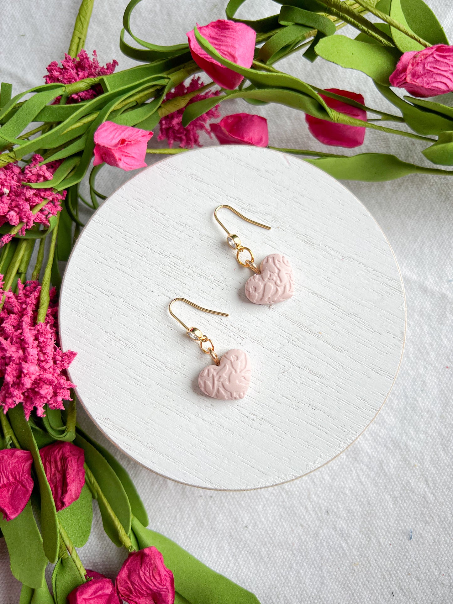 Paisley Embossed Puffy Soft Pink Heart Polymer Clay Dangles