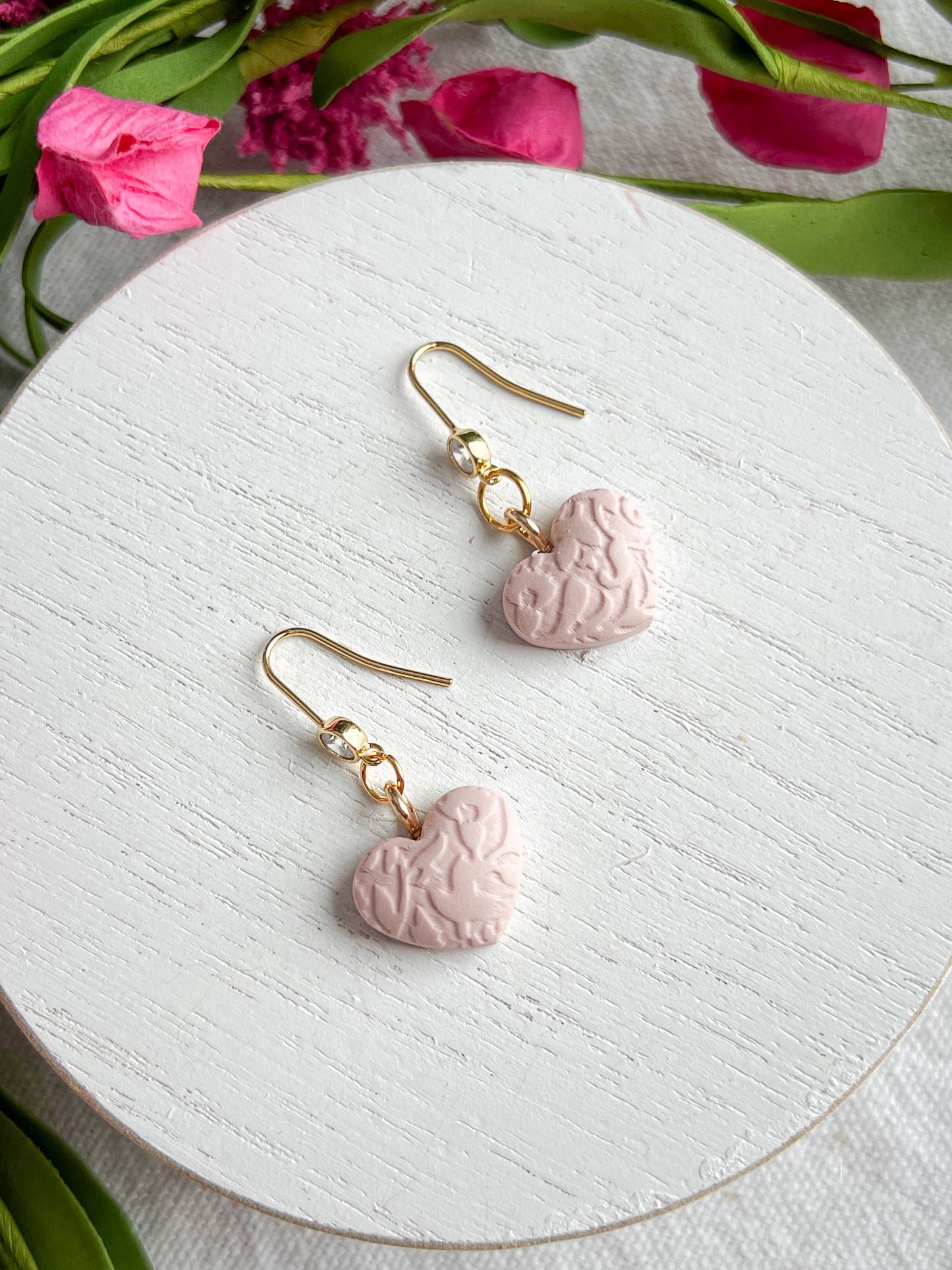 Paisley Embossed Puffy Soft Pink Heart Polymer Clay Dangles