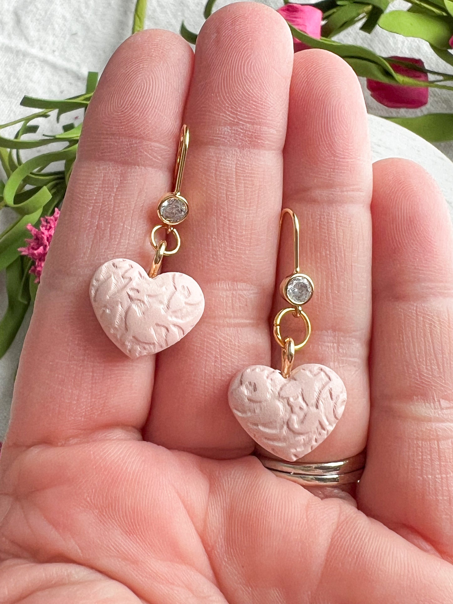 Paisley Embossed Puffy Soft Pink Heart Polymer Clay Dangles