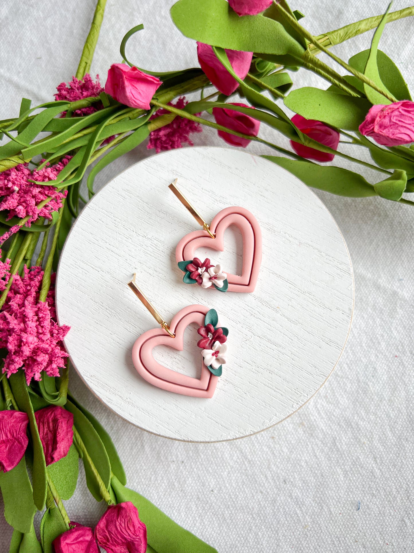 Floral Spray French Pink Extruded Heart Polymer Clay Dangles