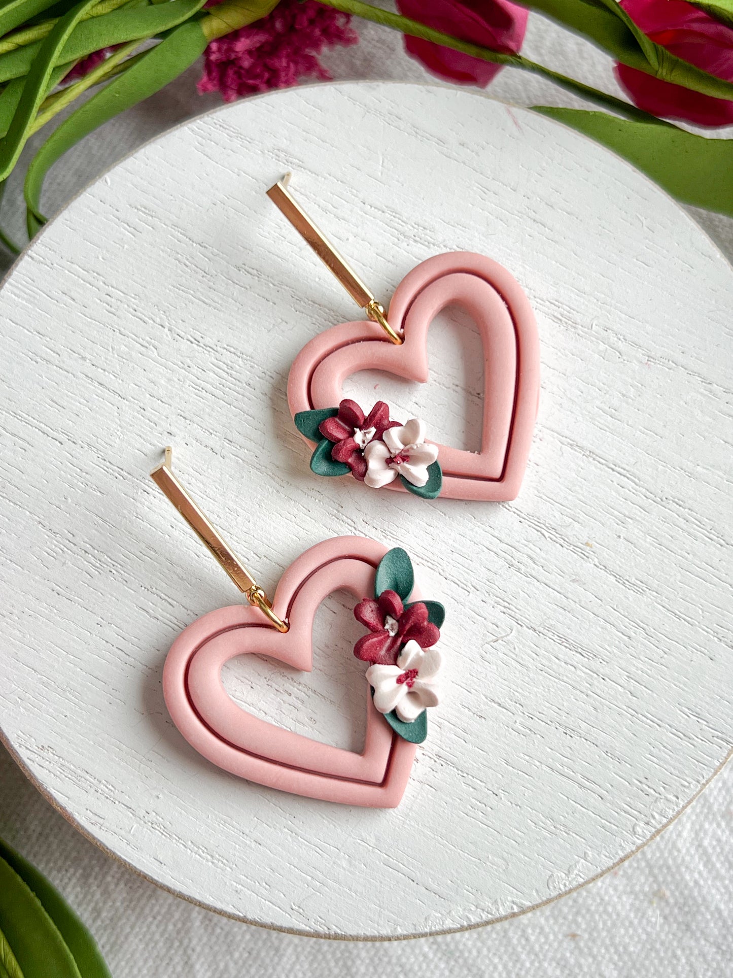 Floral Spray French Pink Extruded Heart Polymer Clay Dangles