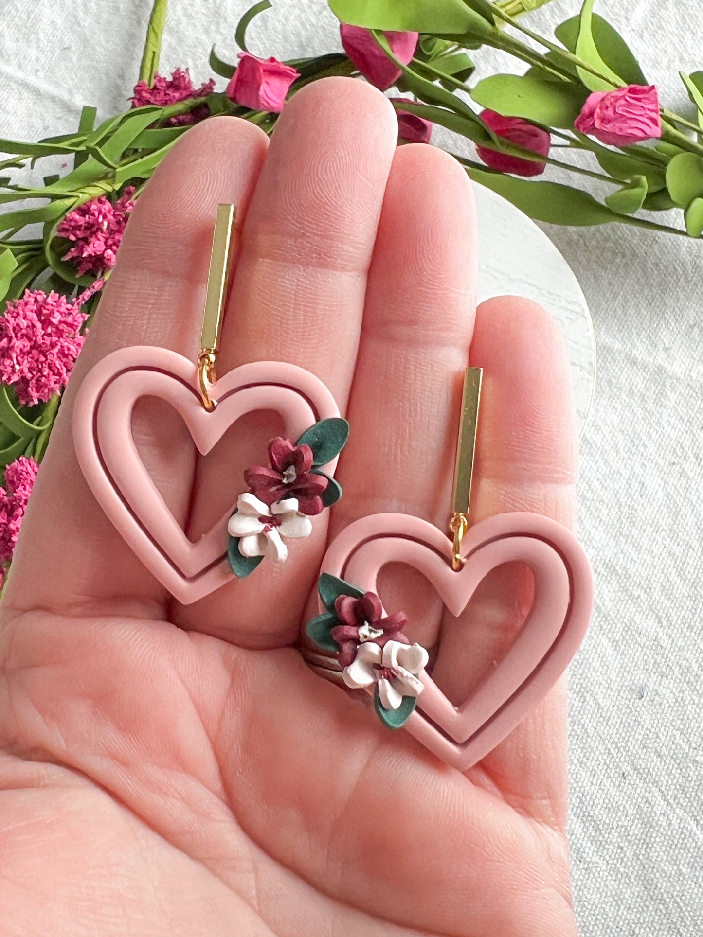 Floral Spray French Pink Extruded Heart Polymer Clay Dangles