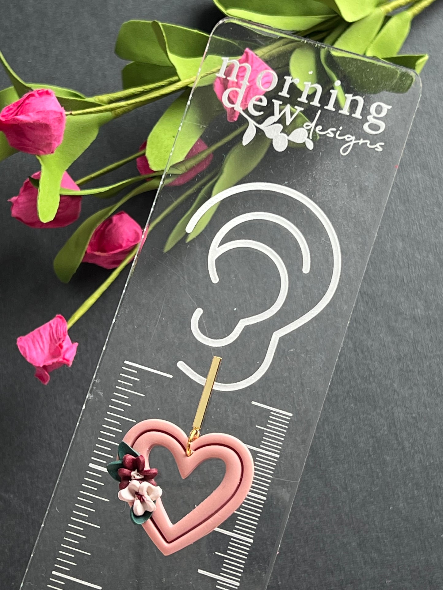 Floral Spray French Pink Extruded Heart Polymer Clay Dangles
