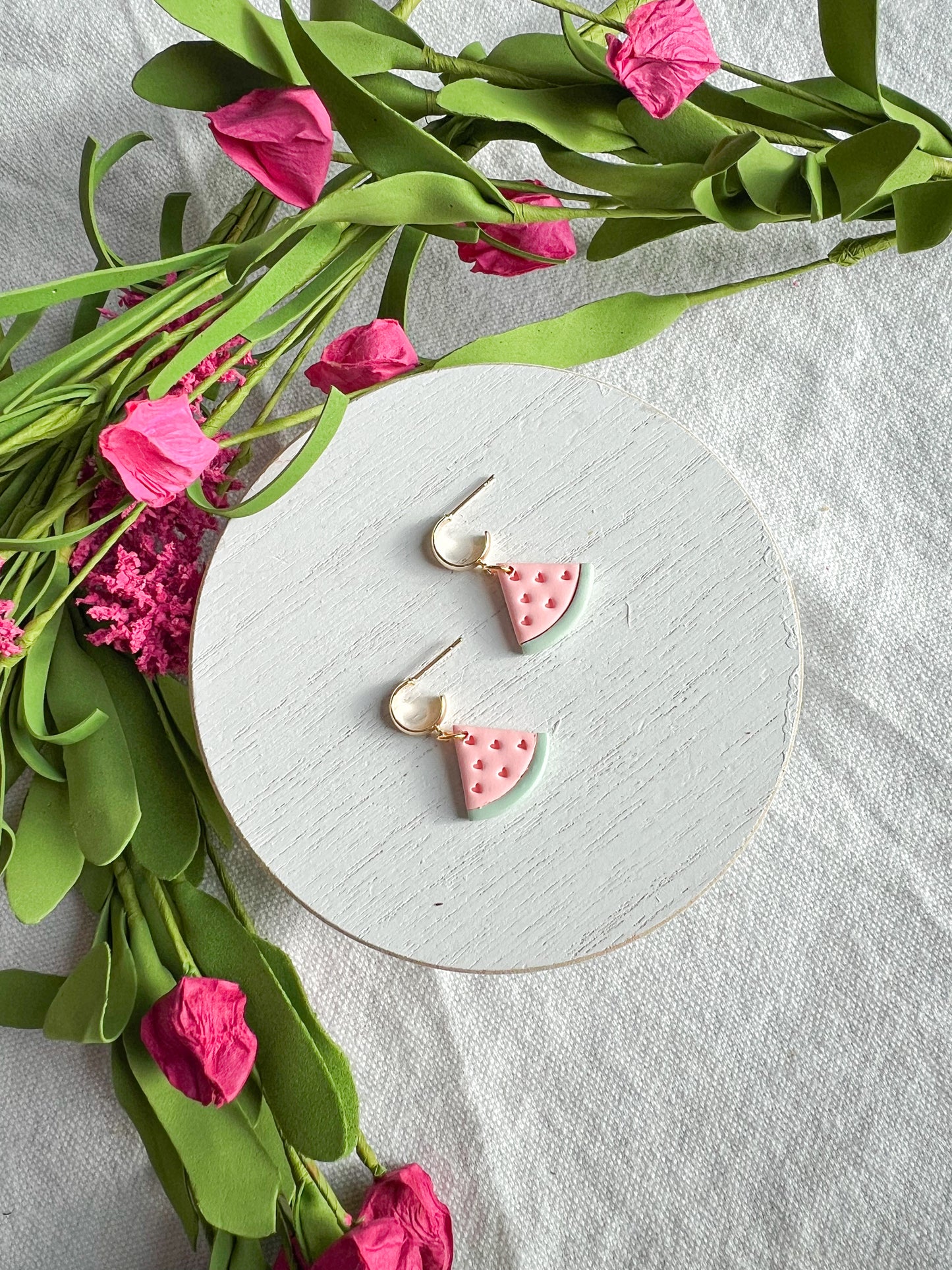 Watermelon Slice with Heart Seed Polymer Clay Earrings