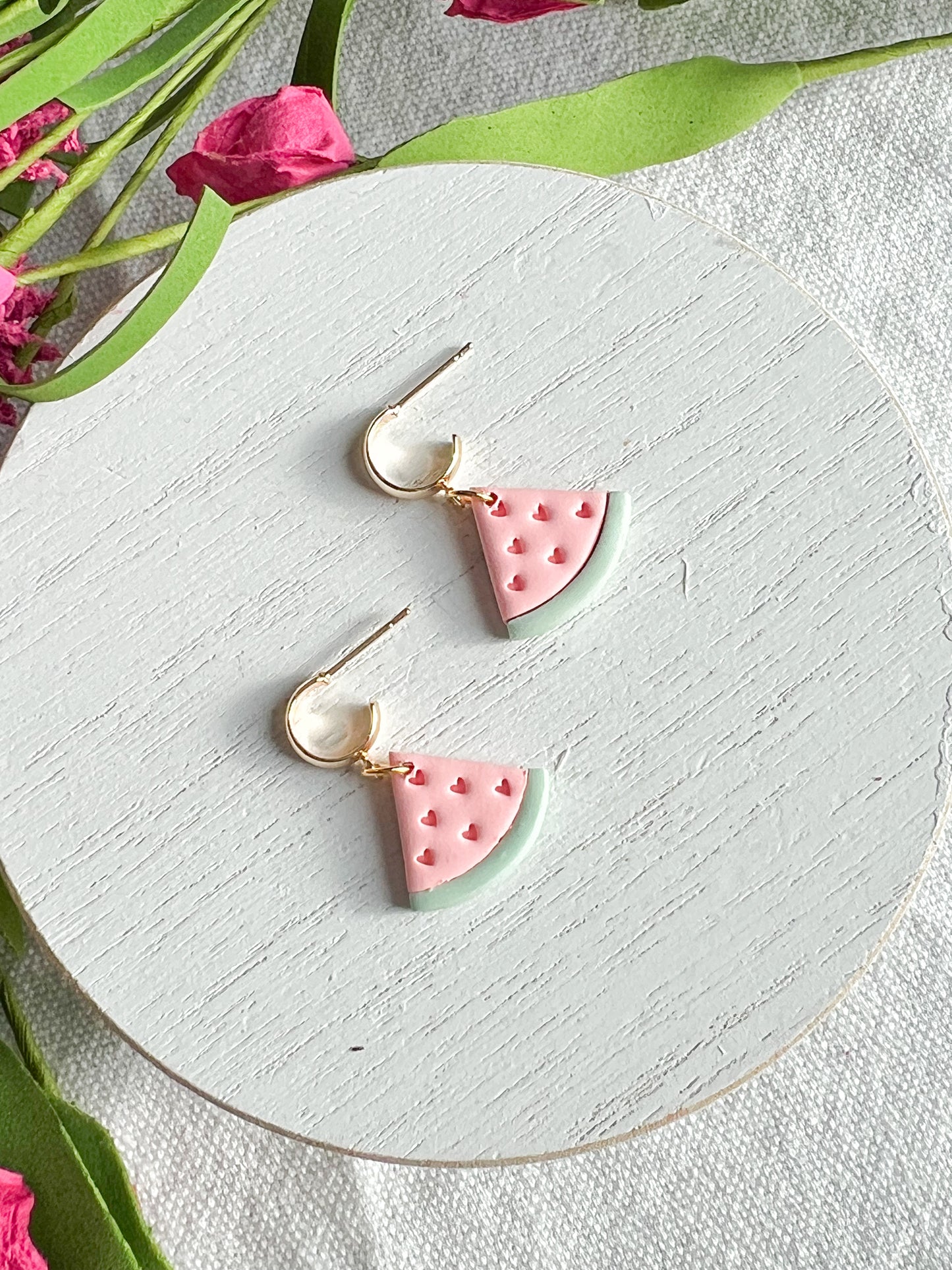 Watermelon Slice with Heart Seed Polymer Clay Earrings