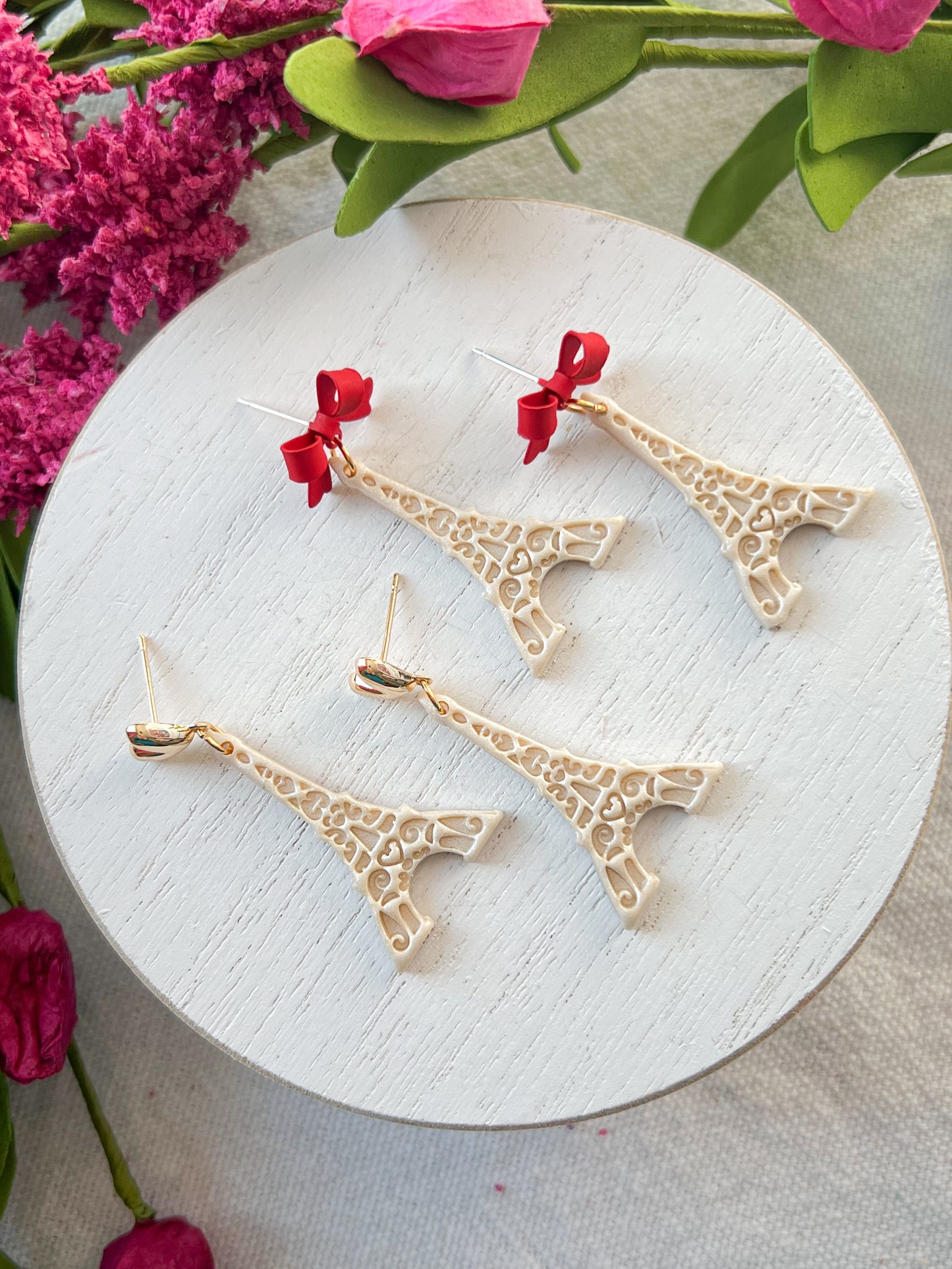 Shimmery Eiffel Tower with Red Bows Polymer Clay Earrings