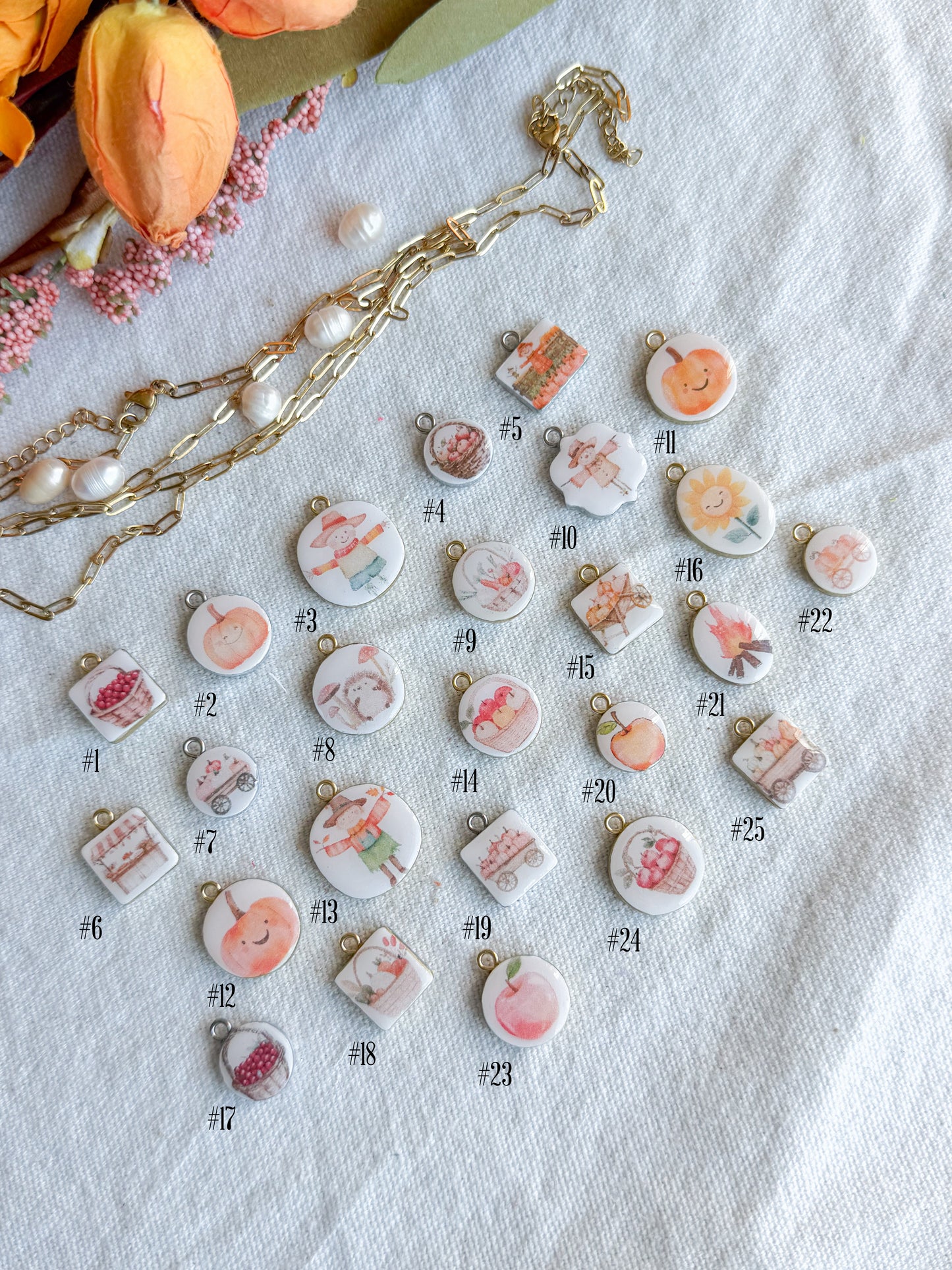 Fall Farmers Market Themed Transfer Paper Designed Polymer Clay Jewelry Charms