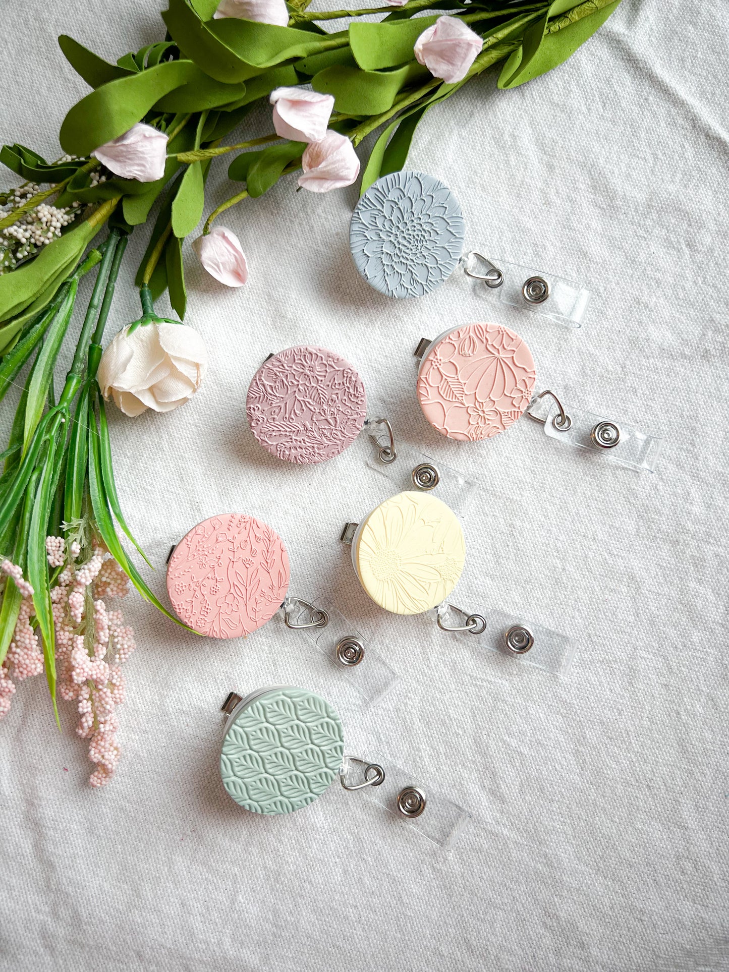 Colorful Textured Spring Pastel Floral Polymer Clay Badges | Nurse and Teacher Retractable Badges