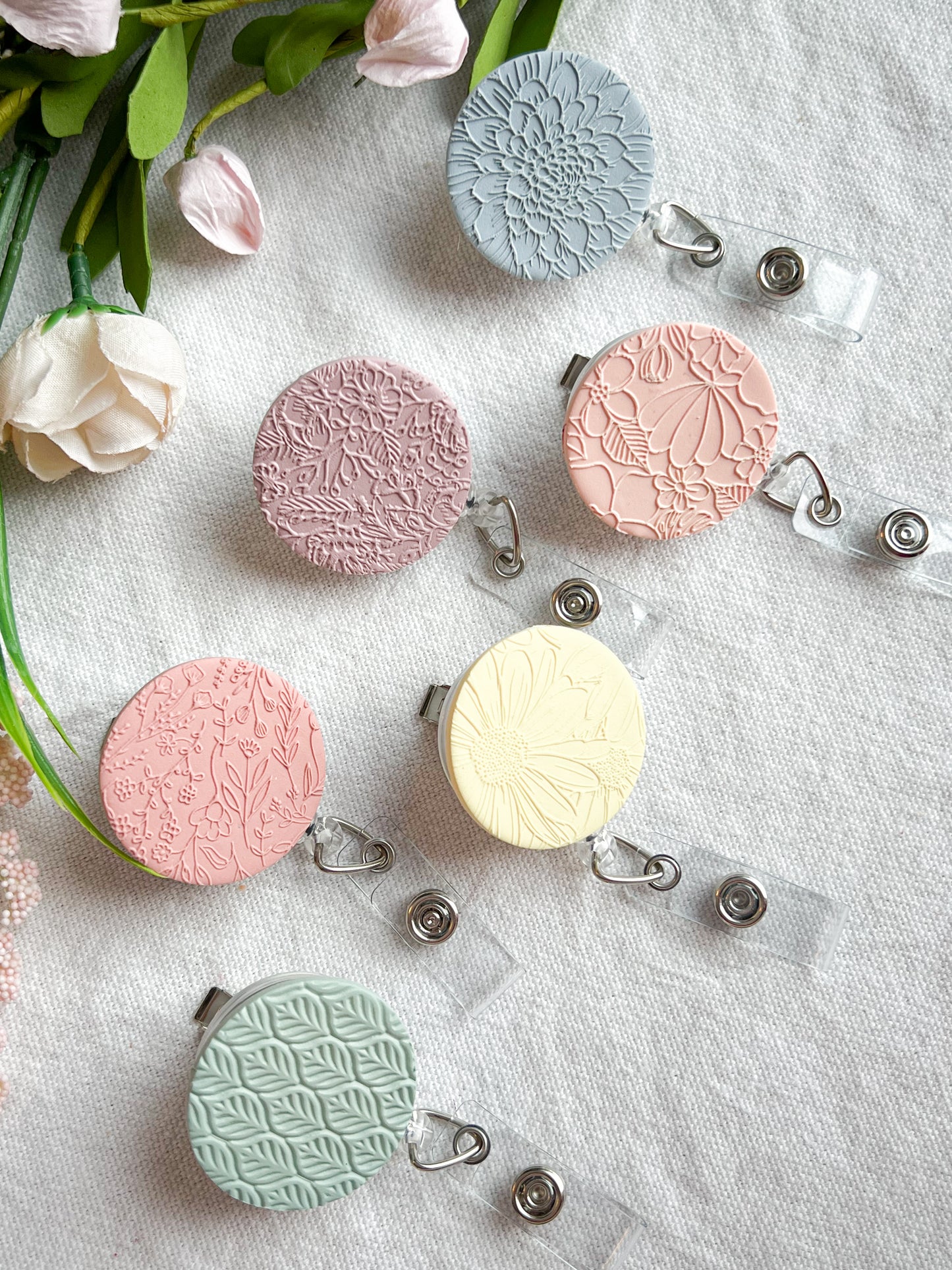Colorful Textured Spring Pastel Floral Polymer Clay Badges | Nurse and Teacher Retractable Badges