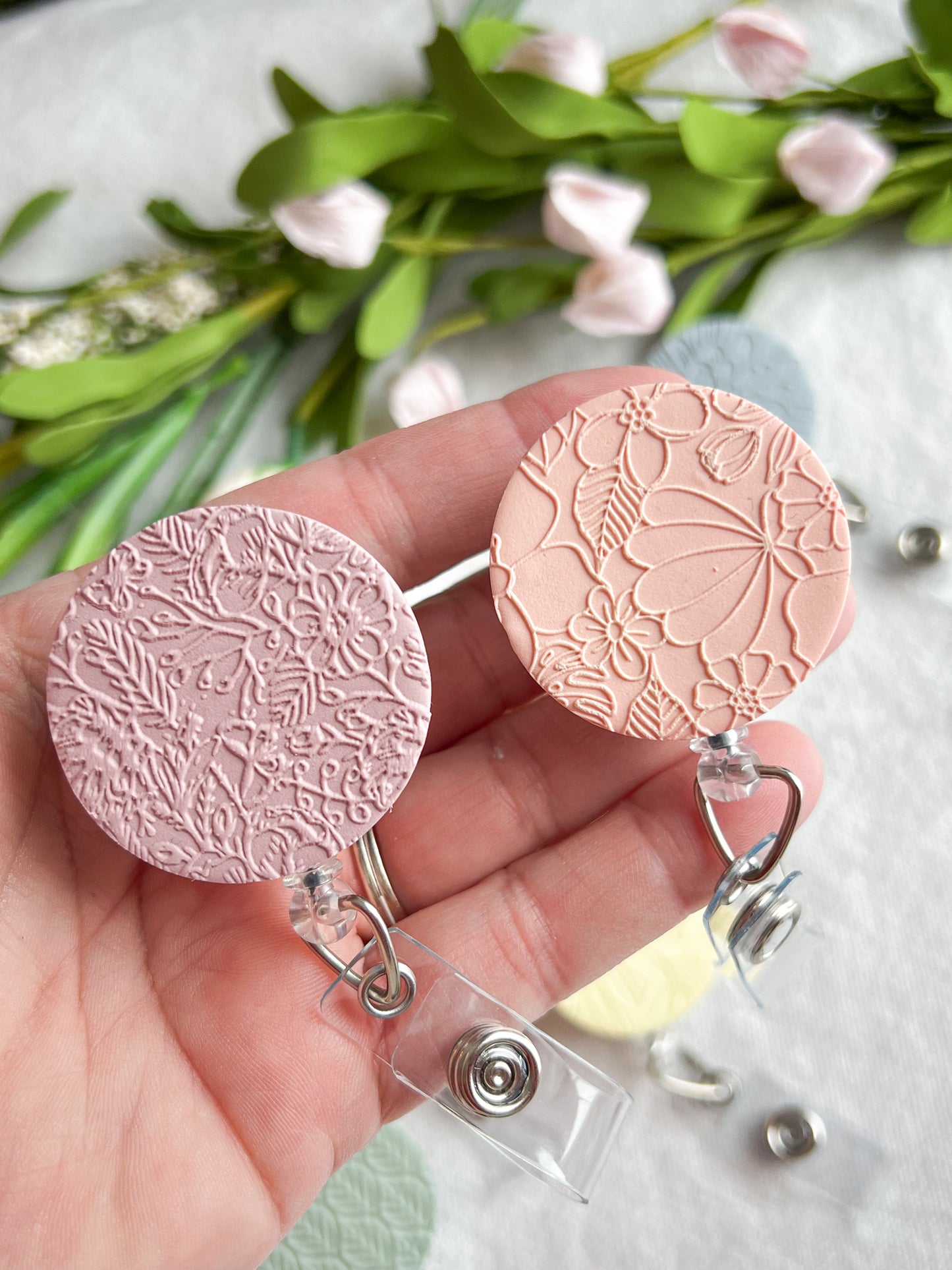 Colorful Textured Spring Pastel Floral Polymer Clay Badges | Nurse and Teacher Retractable Badges