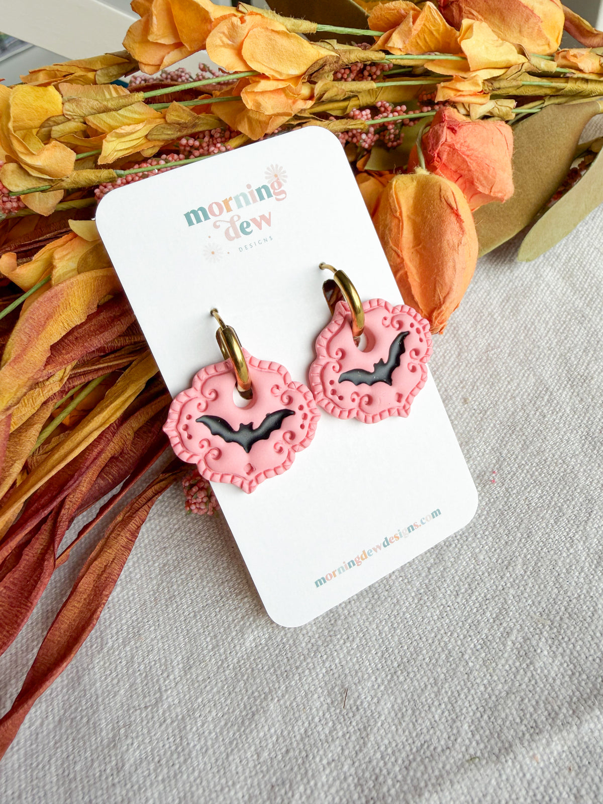 Spooky Pink Girly Bat Halloween Polymer Clay Dangles | Fall Earrings | Halloween Earrings